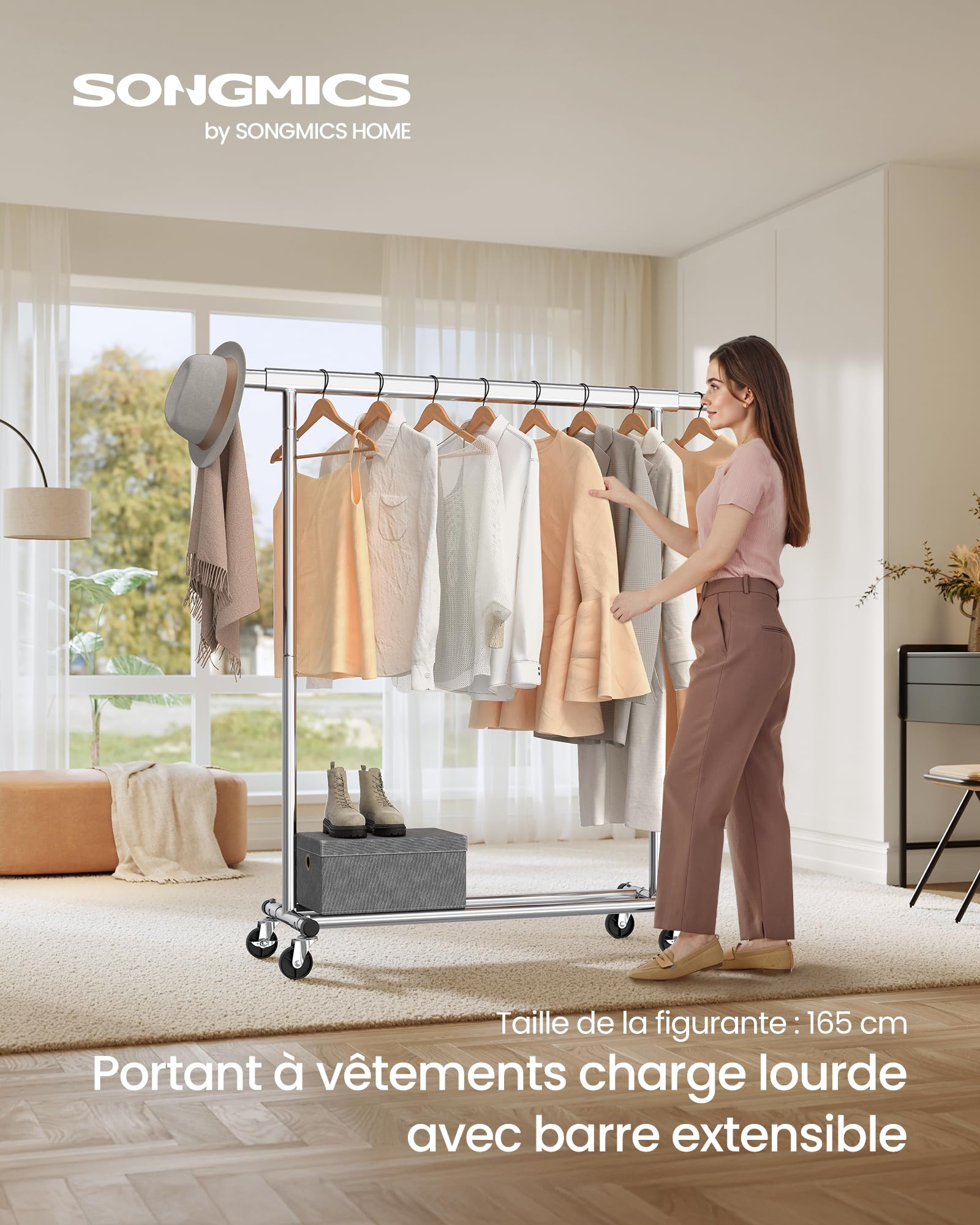 SONGMICS Portant à Vêtements avec Roulettes, Tringle Extensible pour Charge Lourde, Porte-manteau, Capacité de Charge 100 kg, 45 x (92-132) x 161,5 cm, Montage Facile, Argent HSR13S