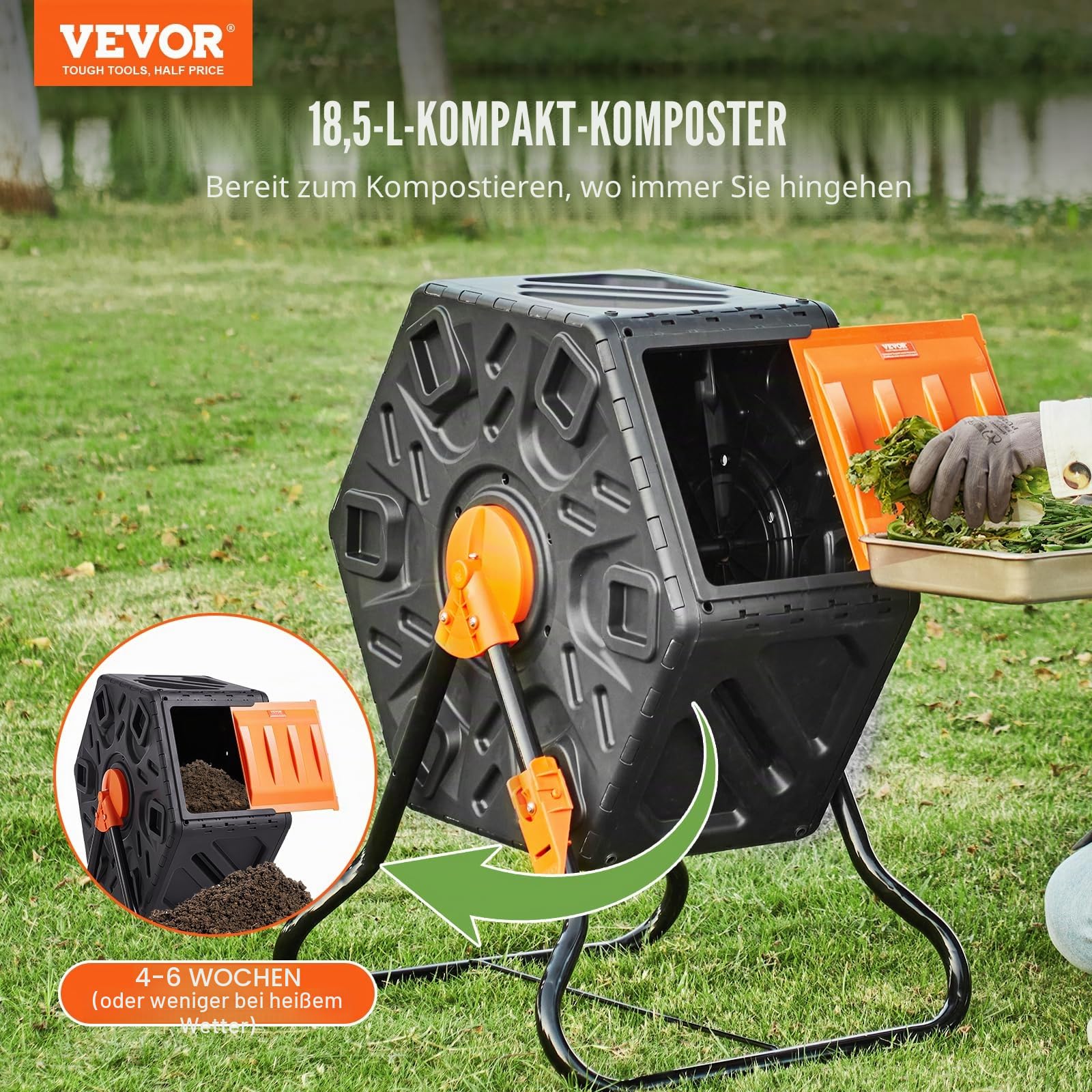 VEVOR Tumbling-Komposterbin Komposter Tumbler 70 L, Trommelkomposter 360° Drehbar Multifunktionaler Tumbling Komposter 605 x 510 x 730 mm, 20 kg Belastbarer Garten Kompostbehälter inkl. Handschuhe