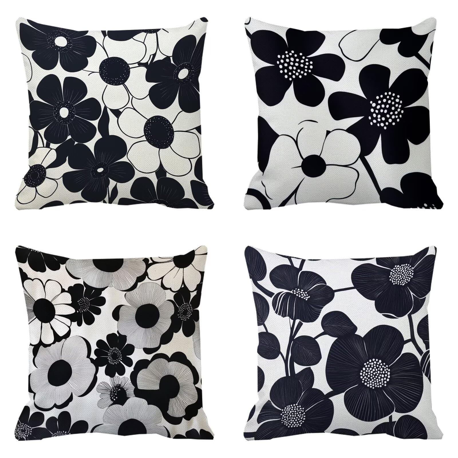 Fundas Cojines 65 x 65 cm En blanco y negro Cojines para Exterior Impermeable Juego de 4 Moderno Cushion Covers Cojin Cuadradas Lino de Sofá Decorativas Funda de Cojin para Sala Sofá Cama Silla X-768