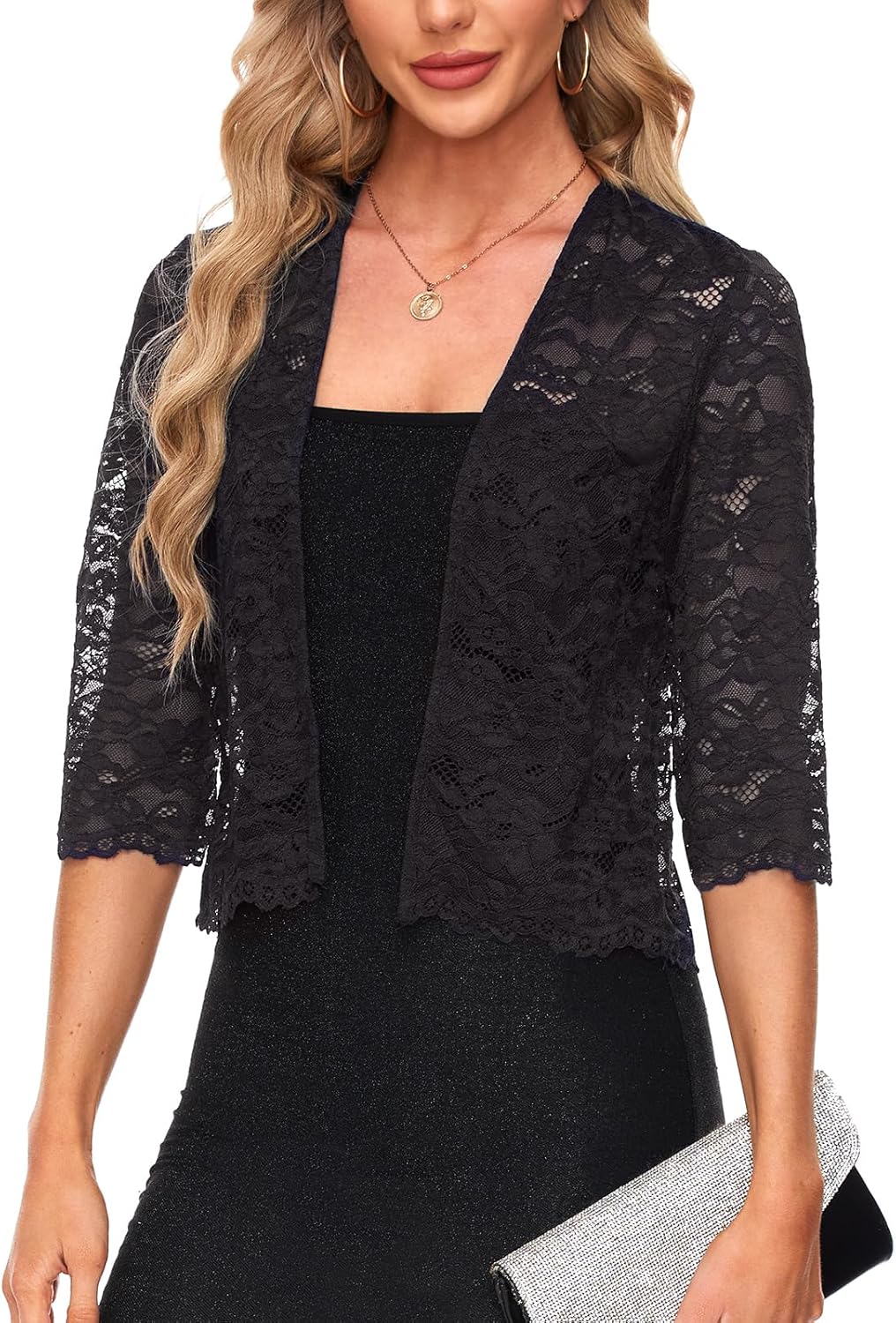 MINTLIMIT Elegant 3/4 Sleeve Shrug for Women's Dress Open Front Lightweight Sheer Crochet Lace Cropped Cardigan,Black,2XL - Image 4