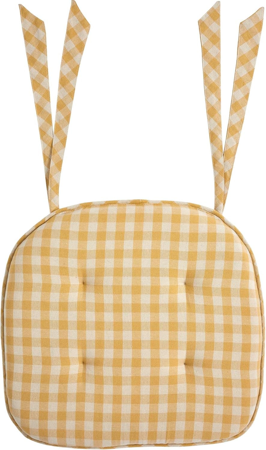 VHC Brands Buzzy Bees Primitive 16.5"x18" Chair Pad Yellow Tucked Cotton Check Tie Back(s) Rectangle Kitchen Table Decor, Set of 2