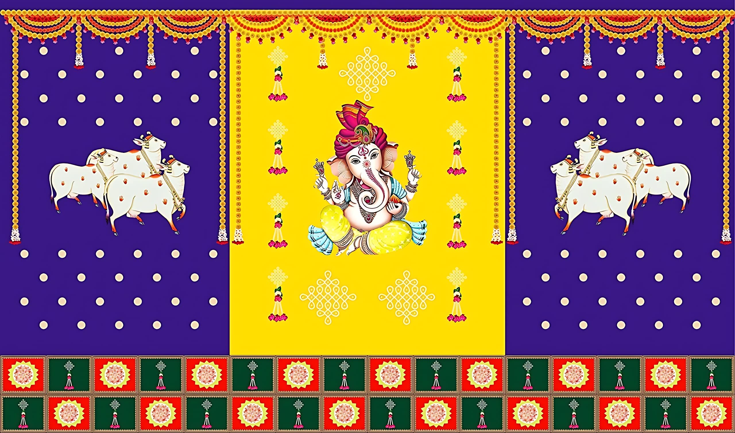 IGH Ganesh Backdrop Cloth for Pooja Decoration-Traditional Festival Fabric (Size-5x8 Feet) - Perfect for Background Decoration and Festivals (