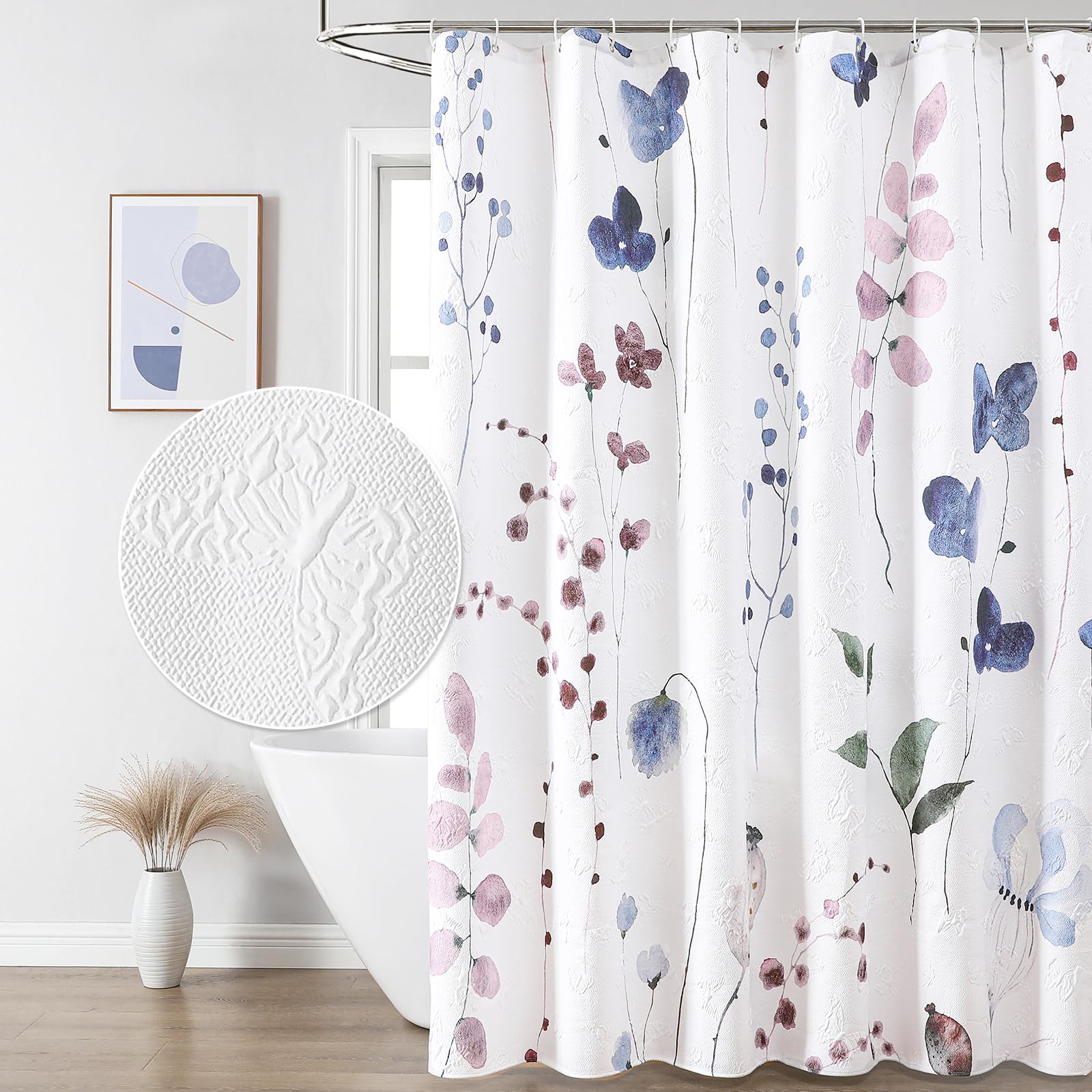 QIYI Watercolor Wildflowers Shower Curtain, Minimalist Floral Cloth Bath Curtain, 3D Embossed Butterflies Botanical Plants Flower Bathroom Decor,