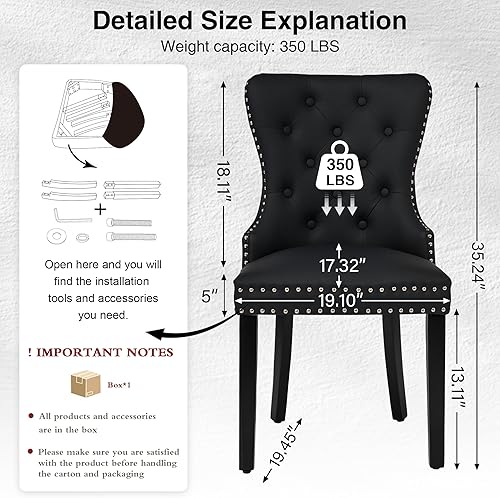 Miniatura 3 de Juego de 2 sillas de comedor de cuero PU, sillas de comedor tapizadas acolchadas con anillo de tracción y patas de madera maciza, negro