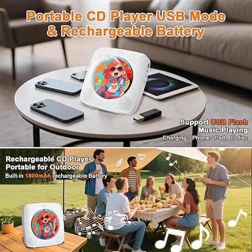 Miniatura 5 de Gueray Reproductor de CD portátil recargable Reproductores de CD para el hogar Reproductor de CD portátil con Bluetooth y altavoces duales 1800mAh