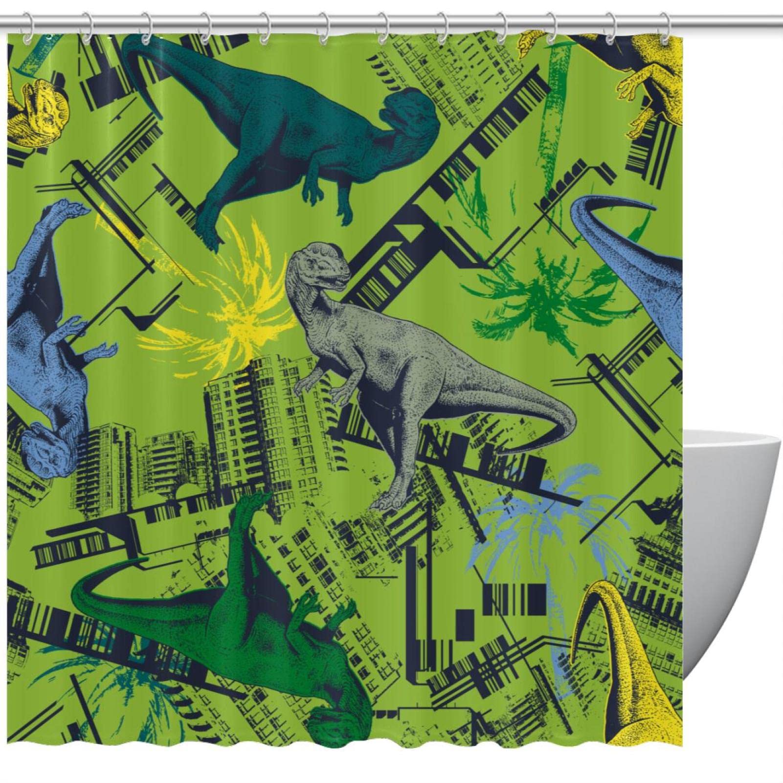 Rideau de douche dinosaure vert crée une ambiance de jungle pour enfants