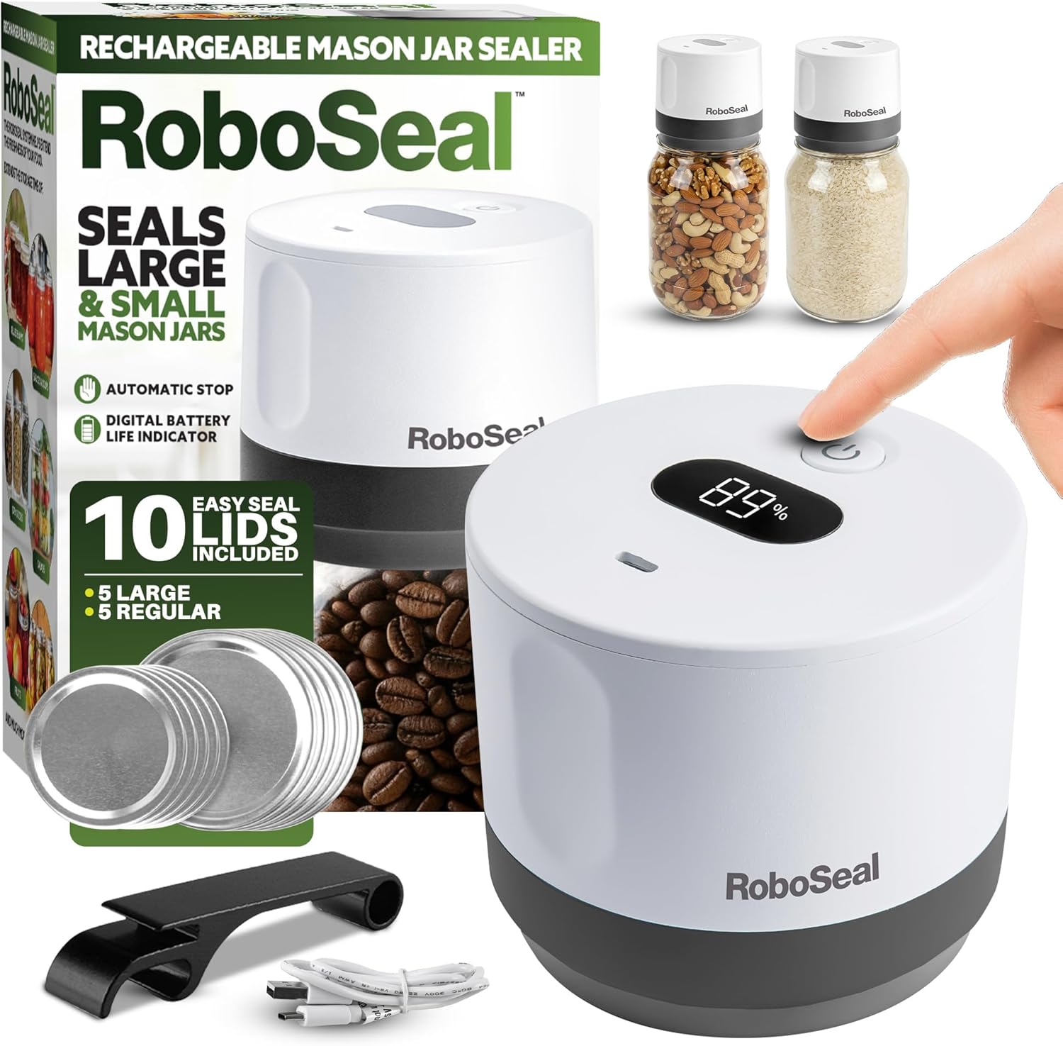 RoboSeal Rechargeable Mason Jar Vacuum Sealer for Mason Jars Wide and Regular, One Touch Vacuum Sealer for Jars, 10 Lids Included, Digital Battery Indicator, As Seen on TV
