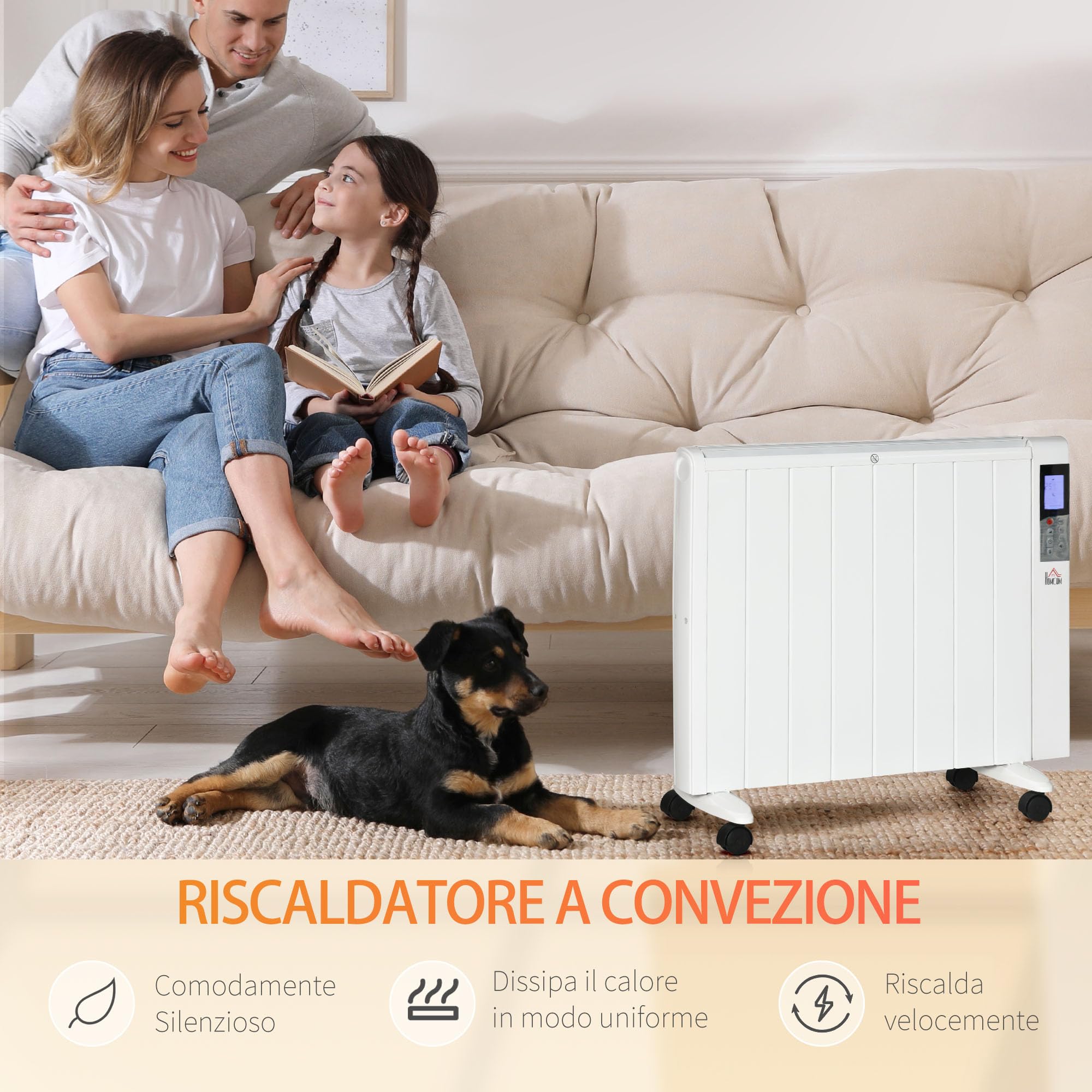 HOMCOM Stufetta Elettrica Basso Consumo Portatile 75x31x66.5 cm Bianco | 1000/2000W Termoventilatore a Terra e Parete, Termoconvettore con Telecomando, Antiribaltamento e Anti-Surriscaldamento