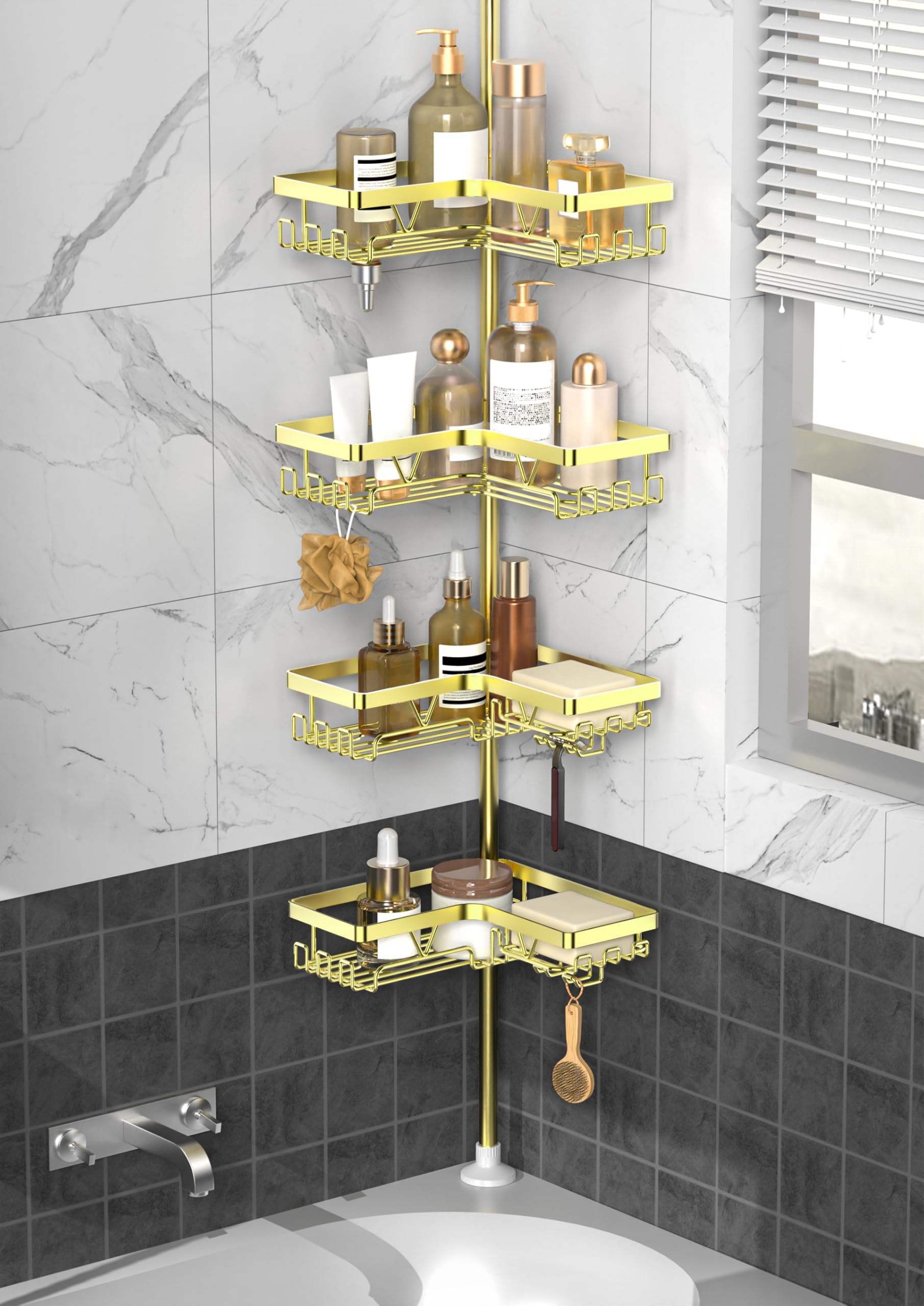 KEGII Shower Caddy Tension Pole, 4-Tier Corner Shower Tension Rod Organizer No Drilling, Floor to Ceiling Bathroom Caddy 25-114.2 inch, Adjustable Bath Tub Shampoo Holder for Corner, Gold