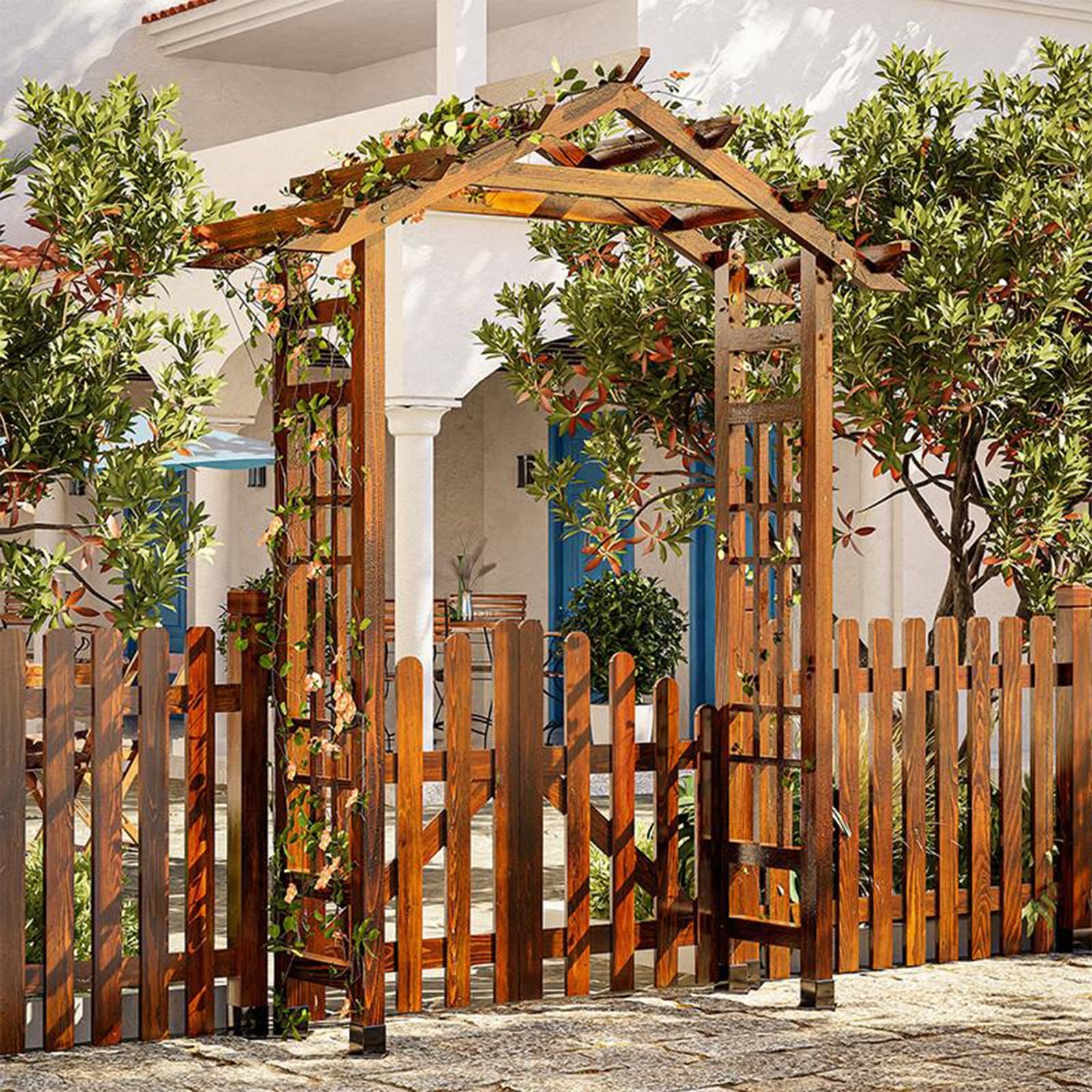Drewniany łuk ogrodowy krata z drzwiami pergola na zewnątrz altana na wesela, rośliny pnące i dekoracja trawnika, eleganckie brązowe wykończenie na patio, podwórka i imprezy