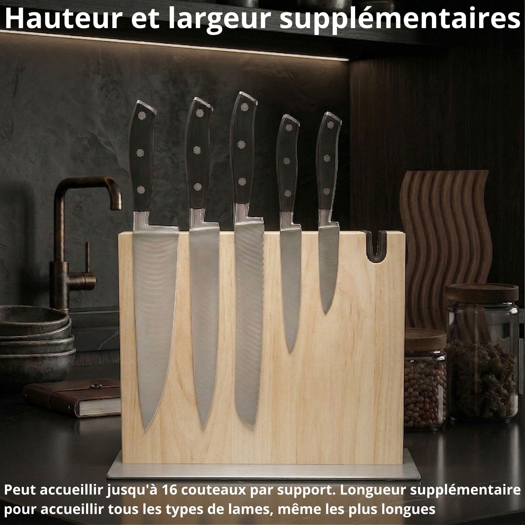 Porte Couteaux Magnétique Cuisine XL avec Aiguiseur Support Magnétique Couteaux Cuisine fabriqué en Bois Massif Bloc Couteaux Magnétique Rangement Couteaux Cuisine Robuste et Élégant (Chêne)