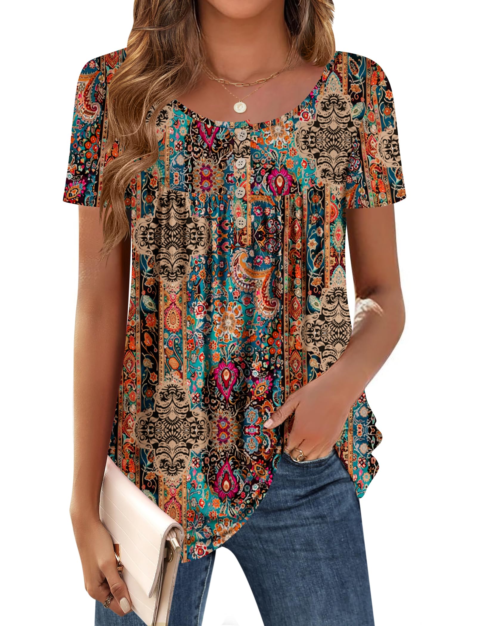 Zeagoo Women Tunic Tops Dressy Casual Summer Short Sleeve Shirts Floral Loose Fit Pleated Boho Top S-XXL