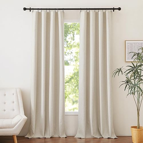 NICETOWN 100% Blackout Natural Linen Bedroom Curtains 52" Width by 95" Length 2 Panels with Thermal Insulated Liners, Farmhouse Style Keep Warm Dual Rod Pocket Window Draperies for Living Room