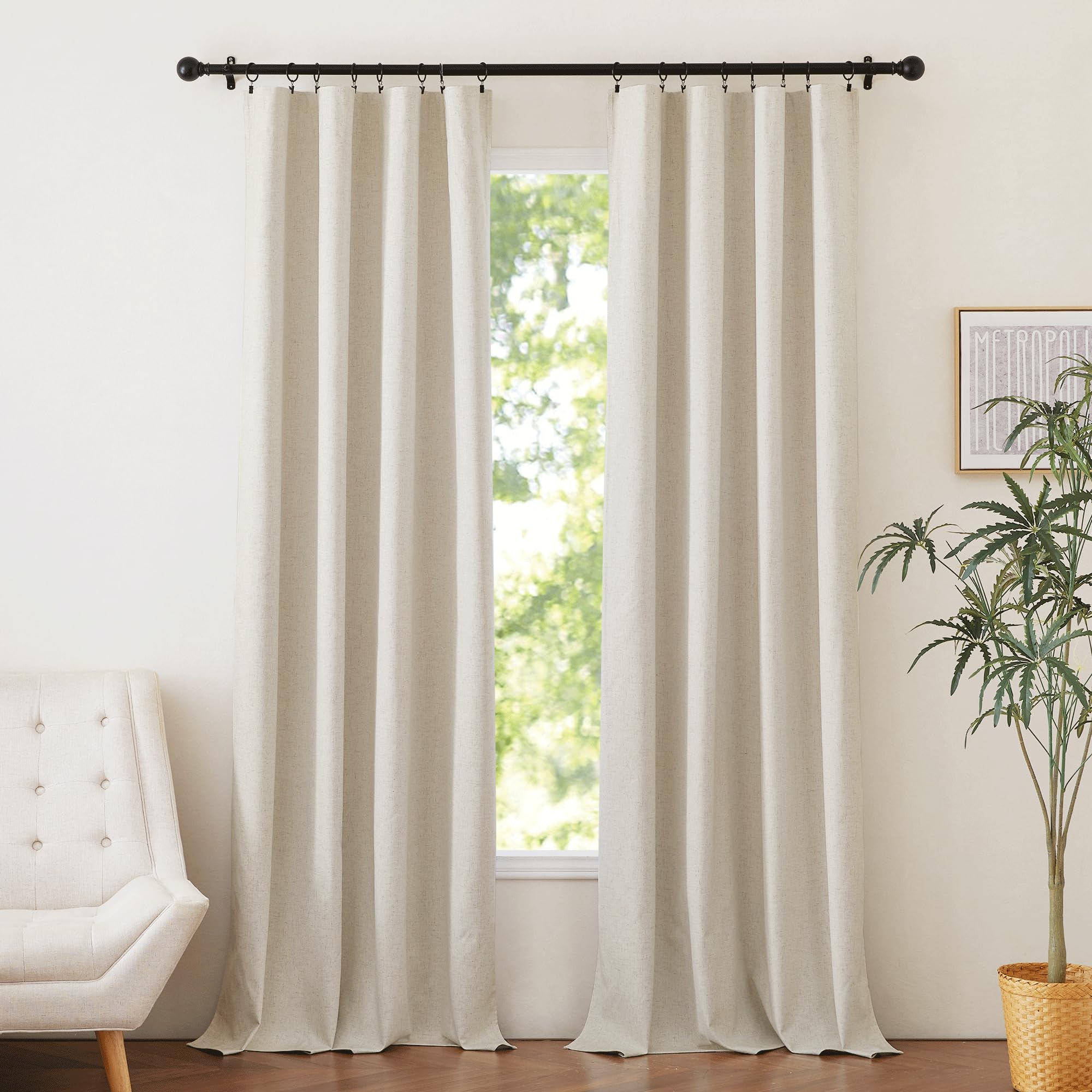 NICETOWN 100% Blackout Natural Linen Bedroom Curtains 52" Width by 95" Length 2 Panels with Thermal Insulated Liners, Farmhouse Style Keep Warm Dual Rod Pocket Window Draperies for Living Room