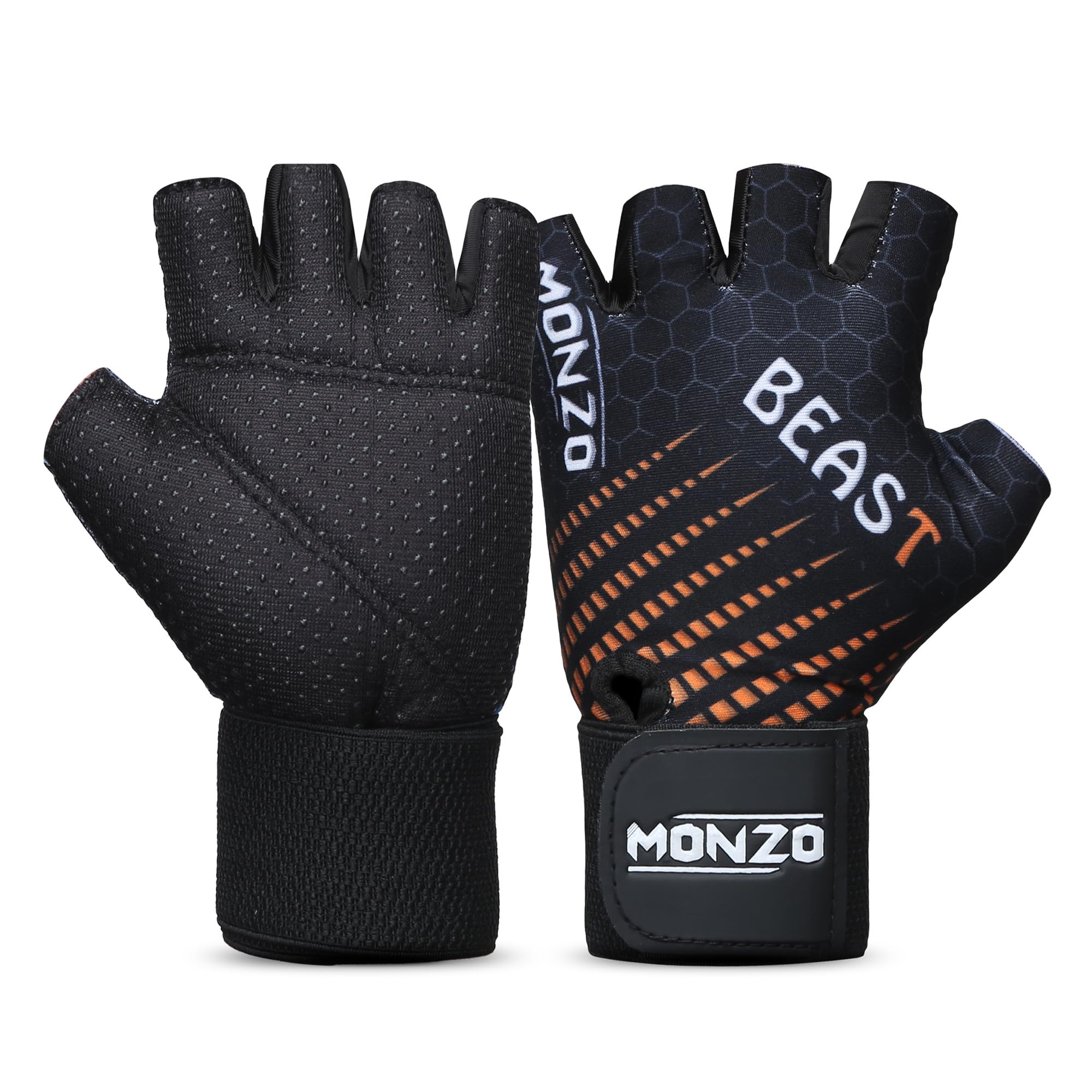 monzo Gym Gloves Men & Women with Half Finger Length and Wrist Support for Gym Workout, Weightlifting, Sports and Exercise. Beast-Free Size Leather & Micro Nylon Mesh, Black-Orange.-image-26