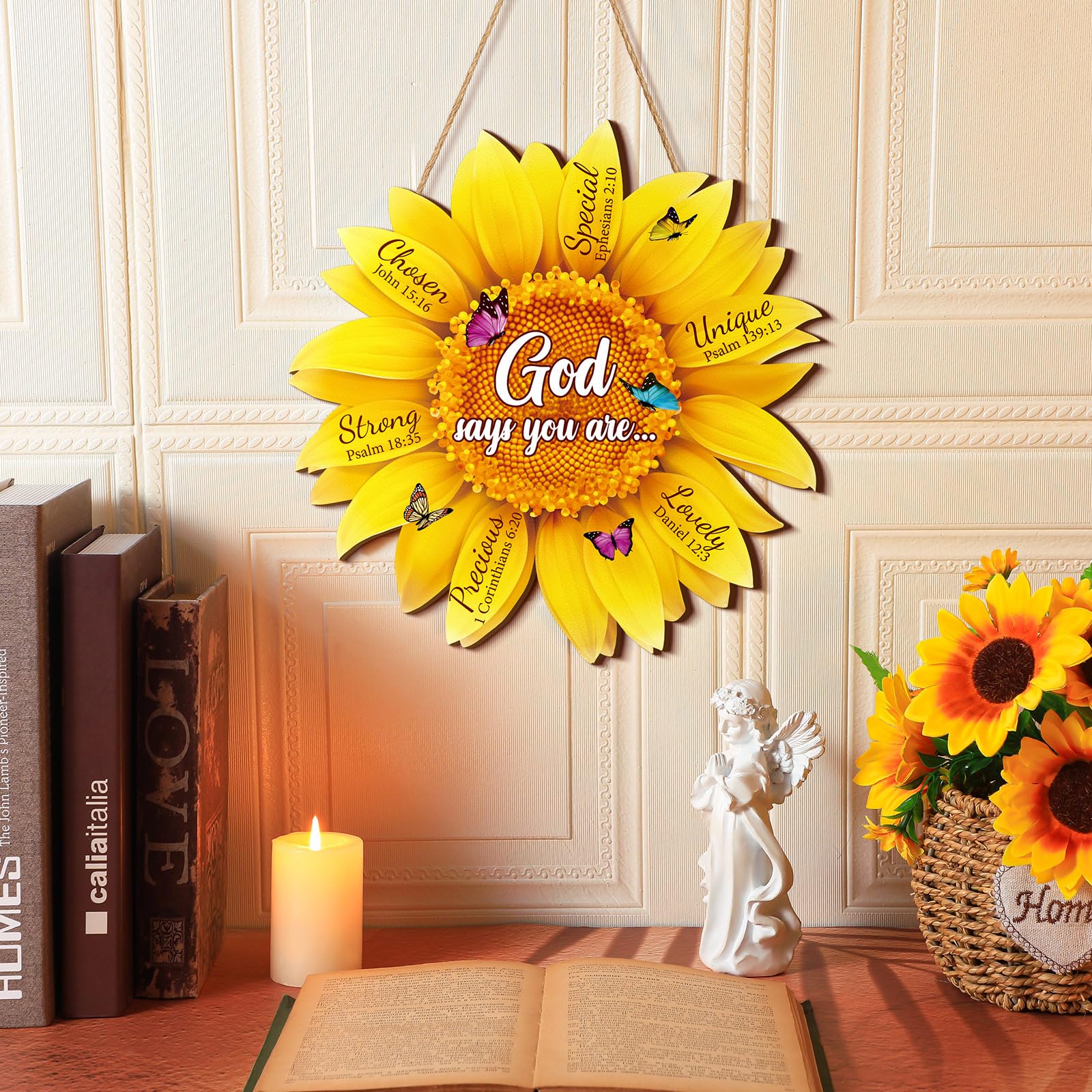 Panelee 11.81 Inch Sunflower Christian Wood Sign Inspirational Wood Wall Decor Bible Verse Wall Sign Bible Theme Scripture Hanging for Room Office Kitchen