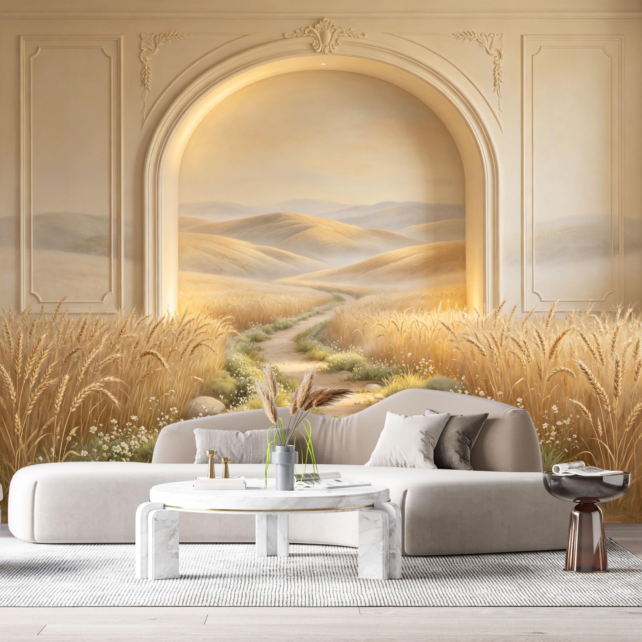 Custom Size Wall Murals Wheat Field Landscape Neoclassical Arch 3D Trompe L'Oeil SelfAdhesiveWall Fabric Removable Wallpaper Wall Decor for Living Room Bedroom Bathroom