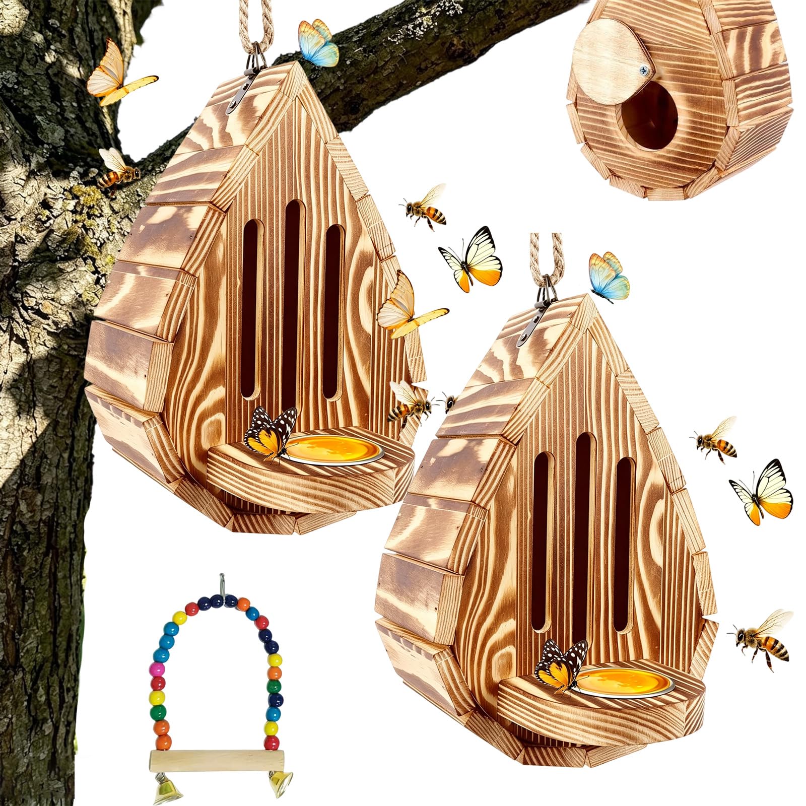 Butterfly House For Garden, Teardrop-Shaped Wooden Butterfly Habitat & Feeder, Hanging Butterfly Habitat & Feeder with Rope, for Garden Decor, Hotel (2PCS)