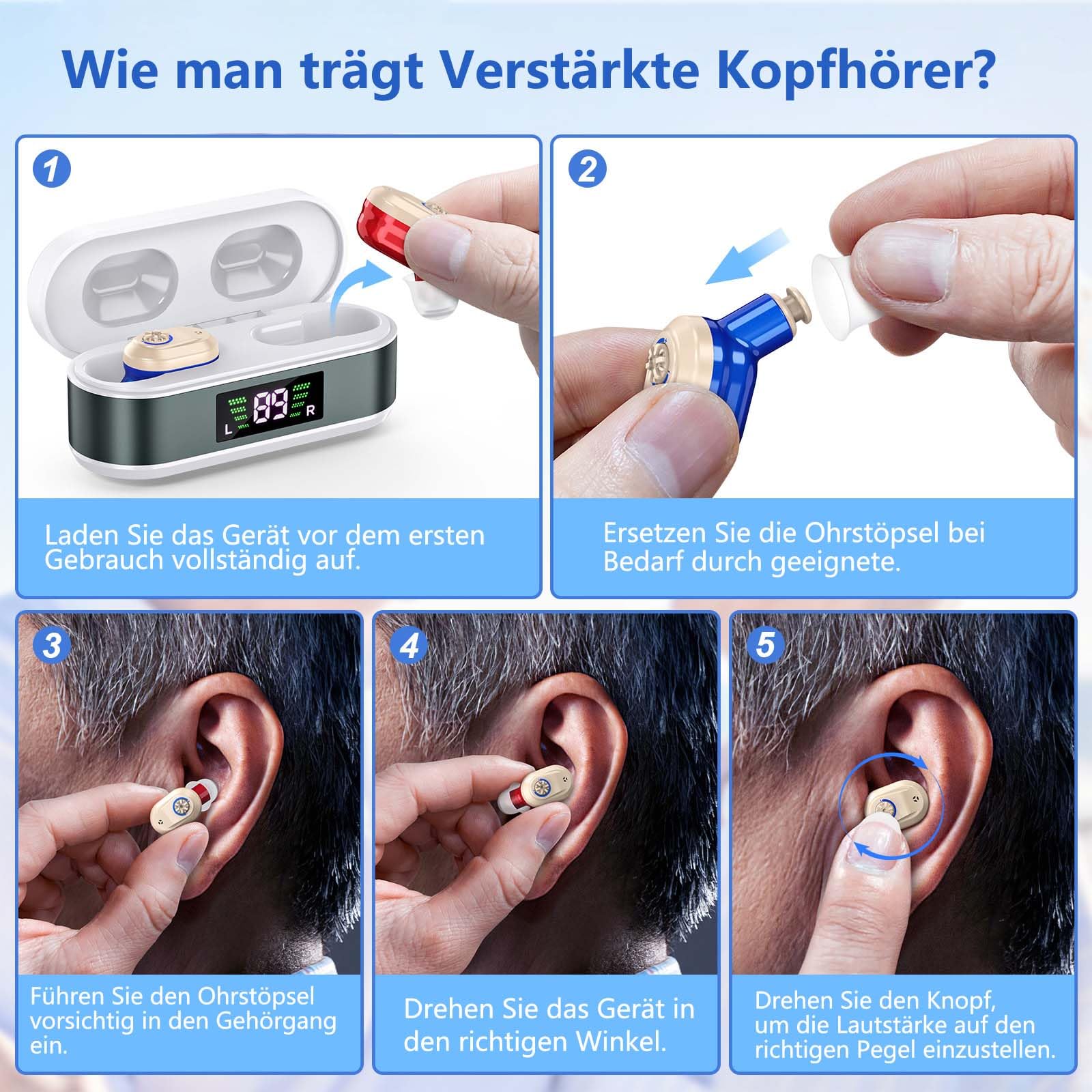 Digitaler Chip-Tonverstärker, Klare Audioqualität, Wiederaufladbares Modell, Rot und Blau, LED-Batteriestandsanzeige