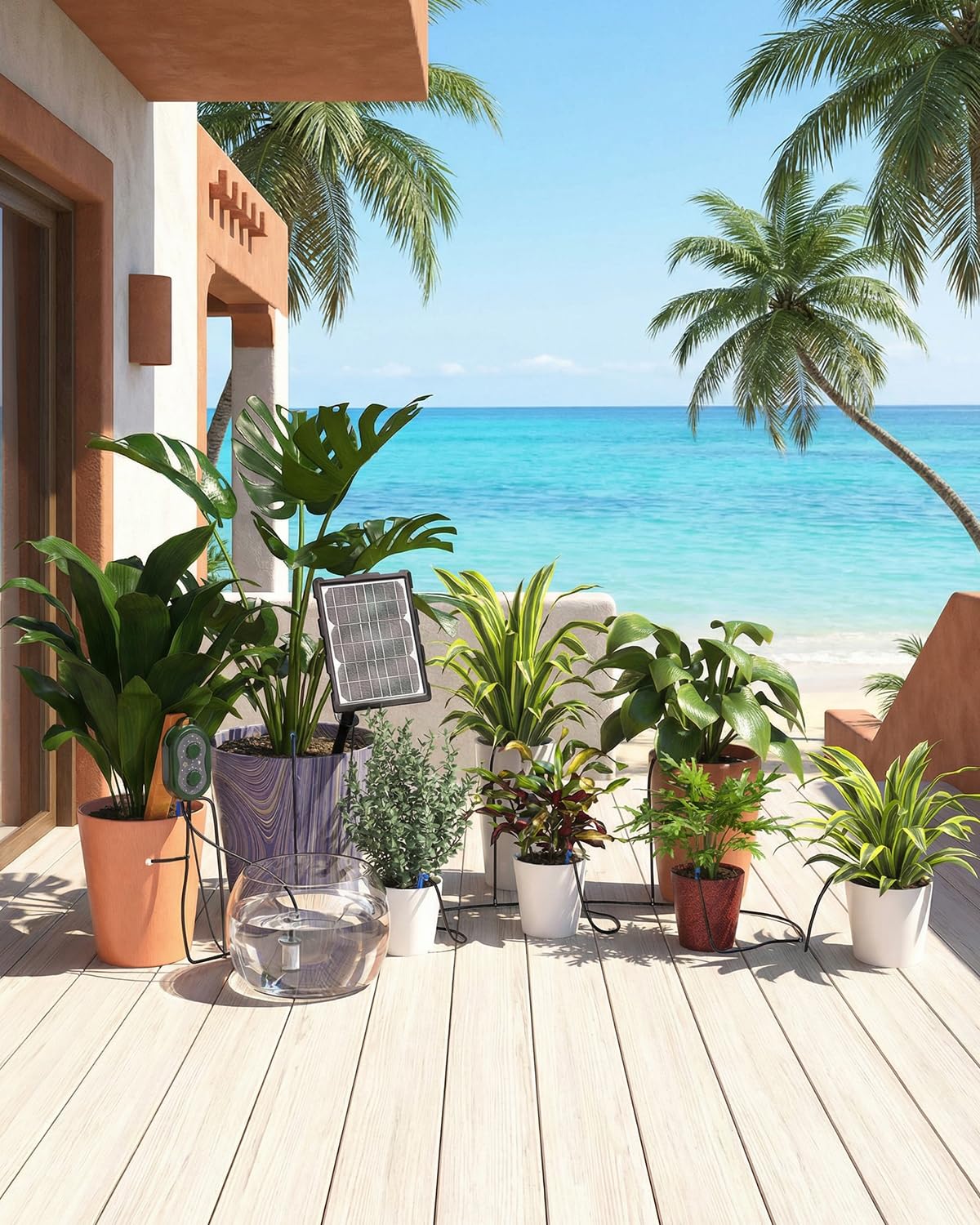 MYMULIKE Sistema di irrigazione solare con doppia carica solare e USB, sistema di irrigazione a goccia automatico da 15 m, con 12 modalità e timer, irrigazione per piante in vaso, giardino, balcone