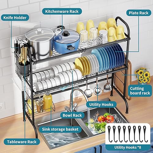 Miniatura 9 de Over The Sink Dish Drying Rack,Expandable 2-Tier Stainless Steel Over The Sink Dish Rack with Utensil Holder Dish Drainers for Kitchen Counter