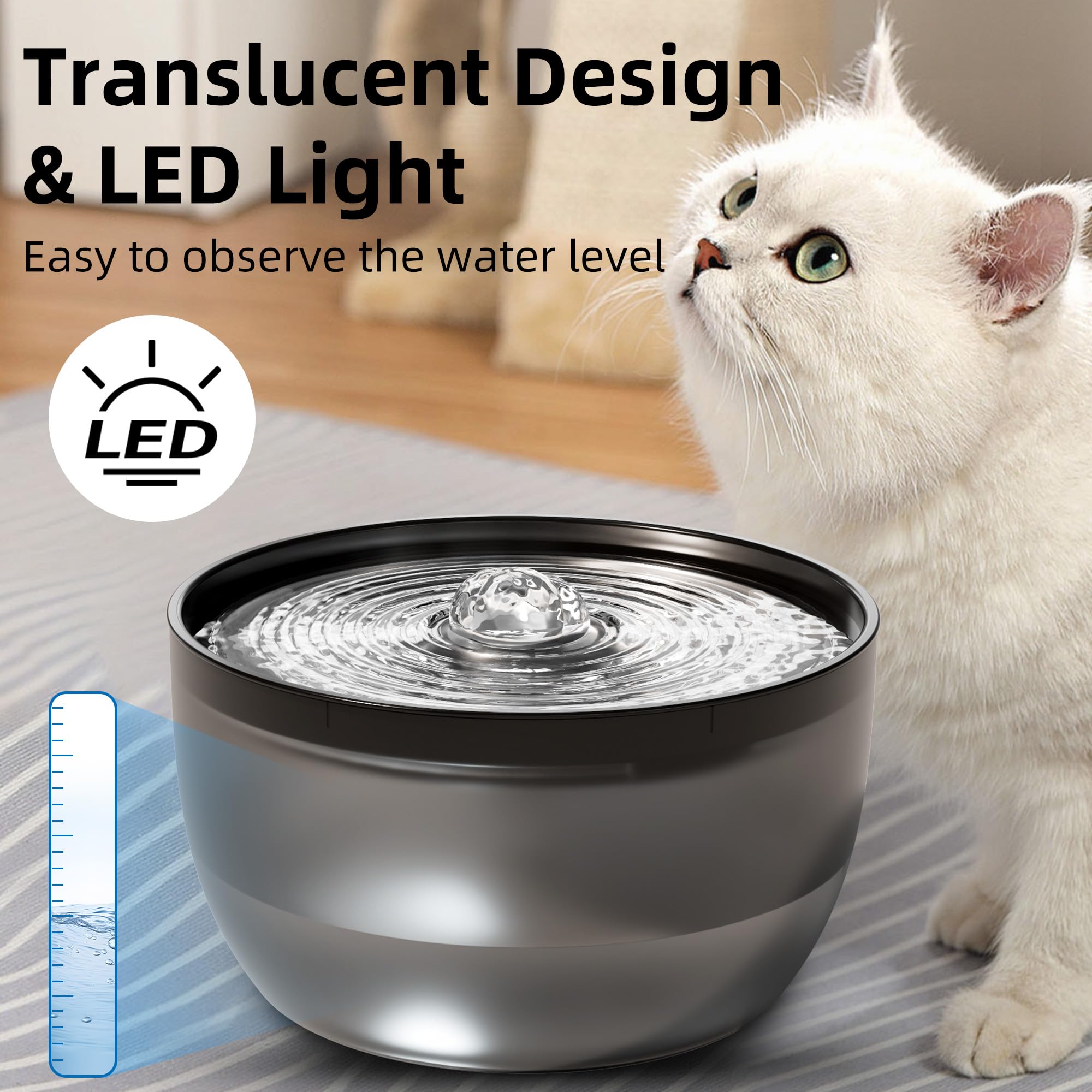 Casfuy W8 Quiet Stainless Steel Dog & Cat Water Fountain with LED Light, Black, 102-oz - image 2