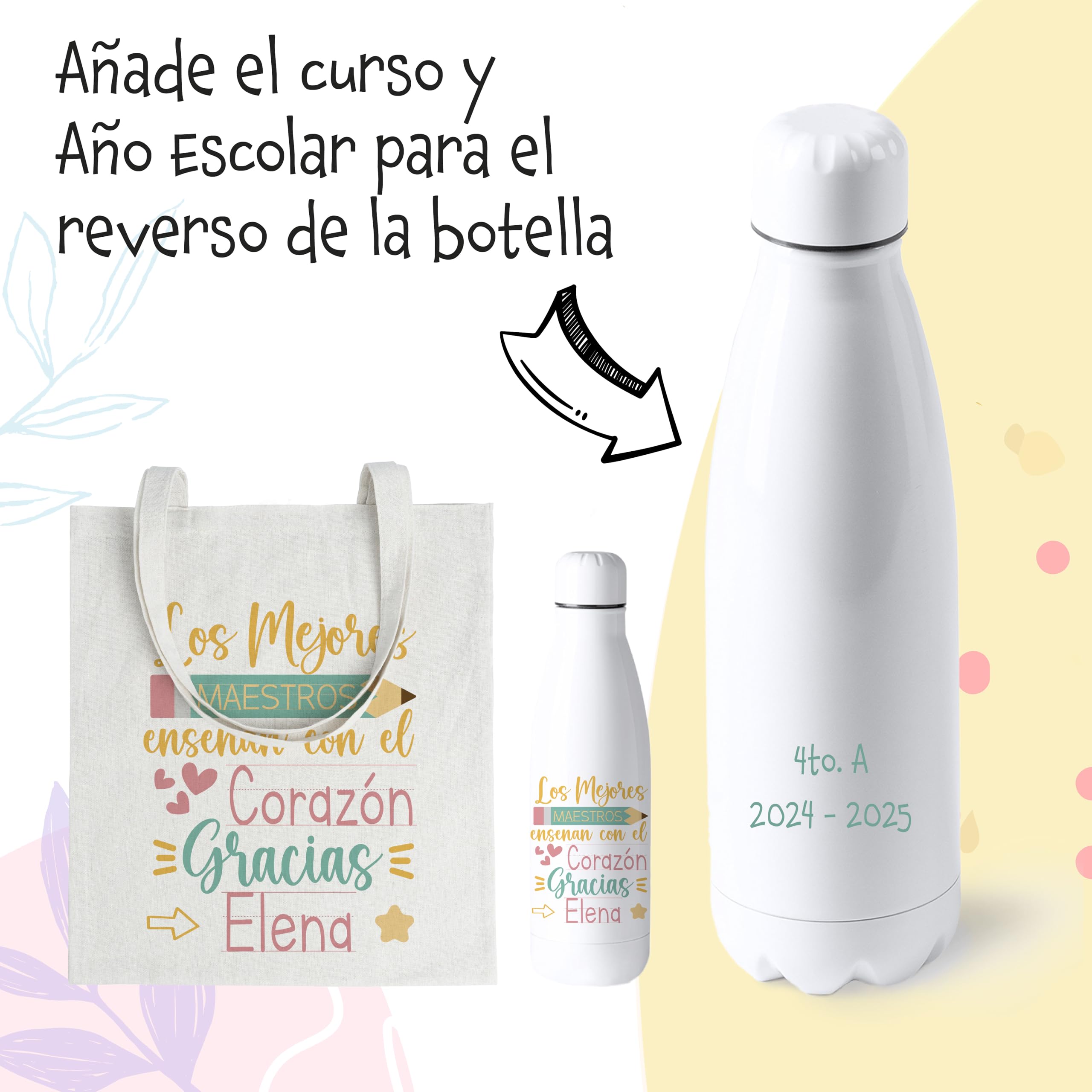 Regalos de Fin de Curso para Profesores, Tote Bag y Botella Térmica Profesora + Opción de Añadir Taza Personalizada | Regalos Profesores Personalizados, Regalo para Maestra de Infantil (Arco Iris)