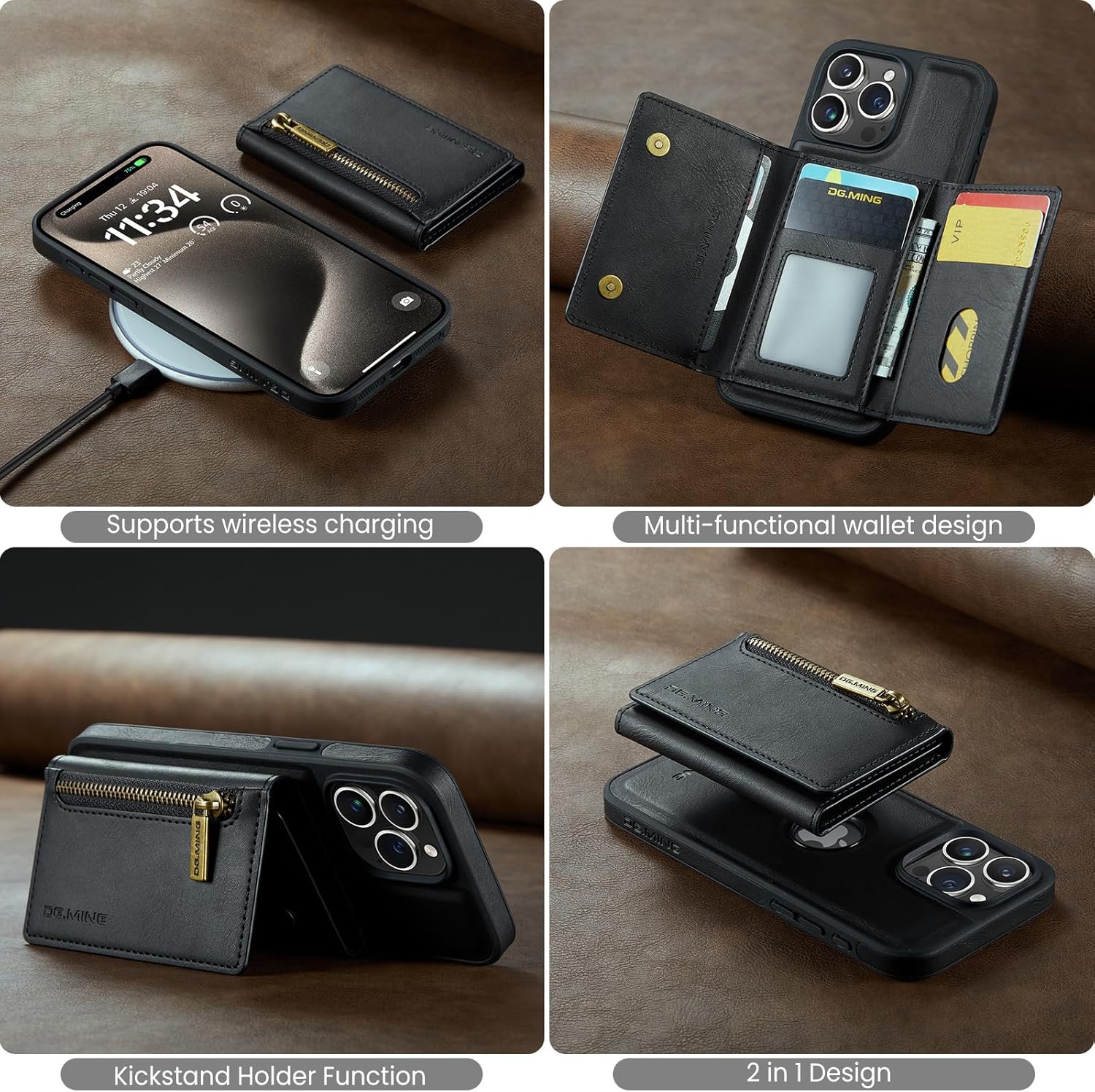 SZHAIYU 2 in 1 Detachable Compatible with iPhone 15 Pro Max Case Wallet with Card Holder Faux Leather Men Women 6.7'' RFID Blocking (Black,IP 15 Pro Max)