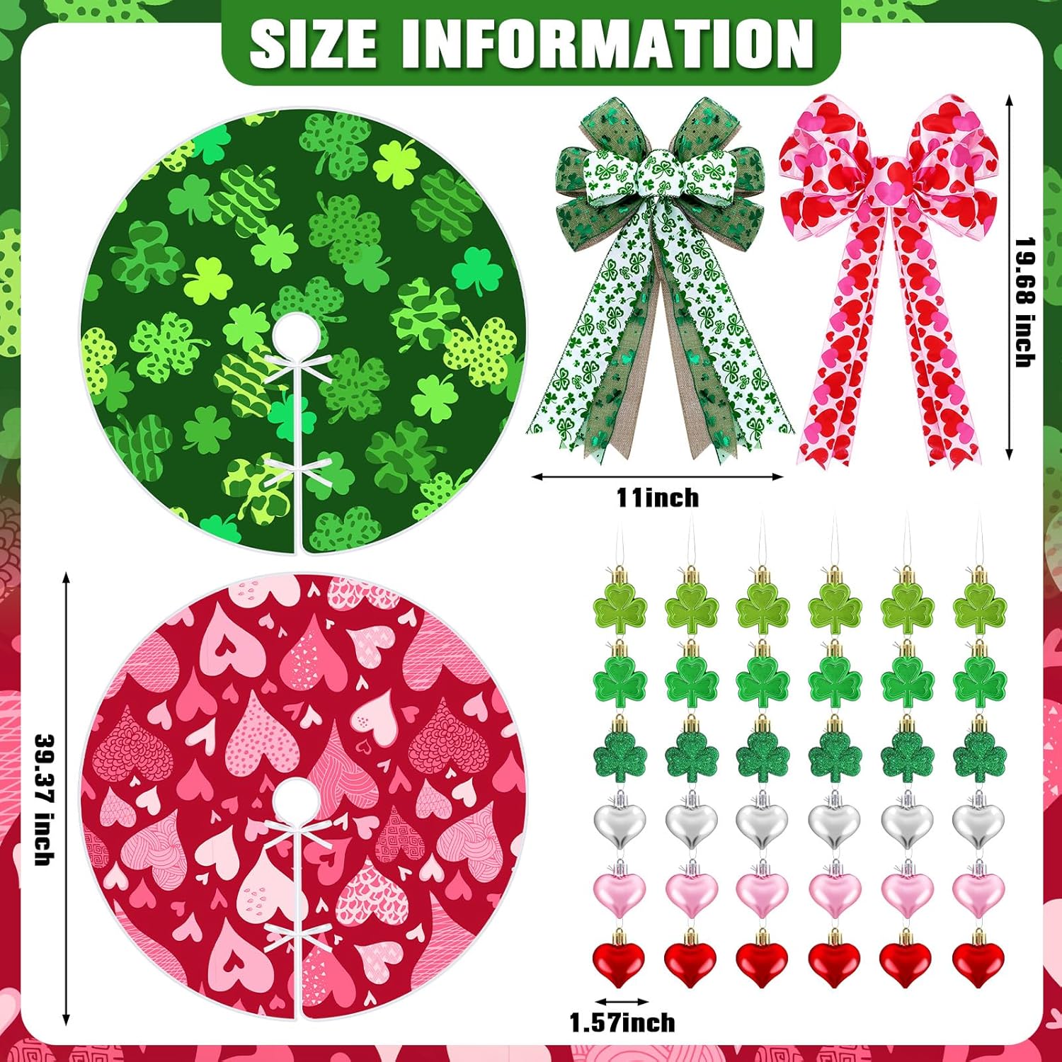 Rotatingpals Valentine‘s Day St. Patrick's Day Tree Decorations 2 Irish Valentines Tree Topper Bows 1 Reversible Holiday Skirt 36 Heart Shamrock Ornament for Home Party Decor
