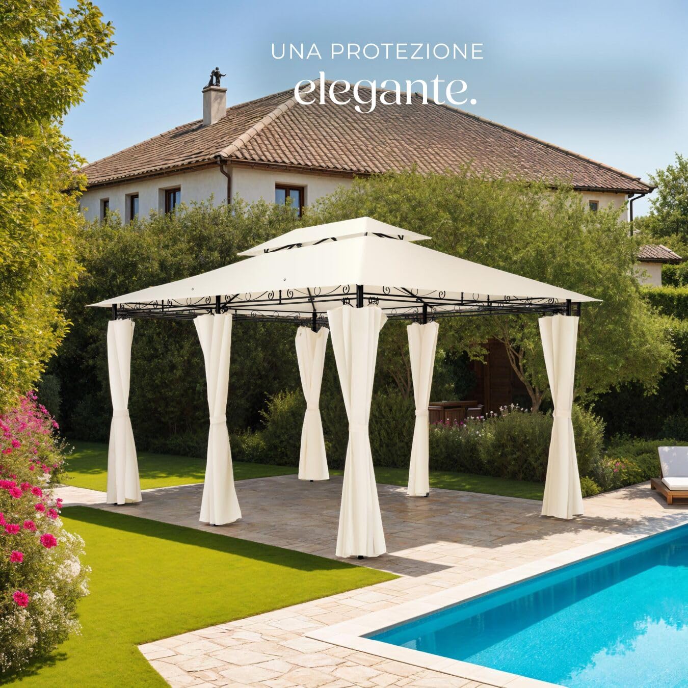 tectake® Gazebo da Giardino Deluxe, 400x300x265 cm, Gazebo Esterno Resistente con 6 Teli Laterali, Tendone da Esterno Regolabile ed Impermeabile, Resistente Raggi UV, Tenda Giardino, Sagre - Crema
