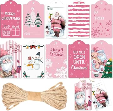 Lincia 120 Pcs Pink Christmas Tag Winter Paper Gift Tags Christmas Hanging Tags Labels with String for Holiday Party Wrapping Xmas Decor, 10 StylesFresh Style