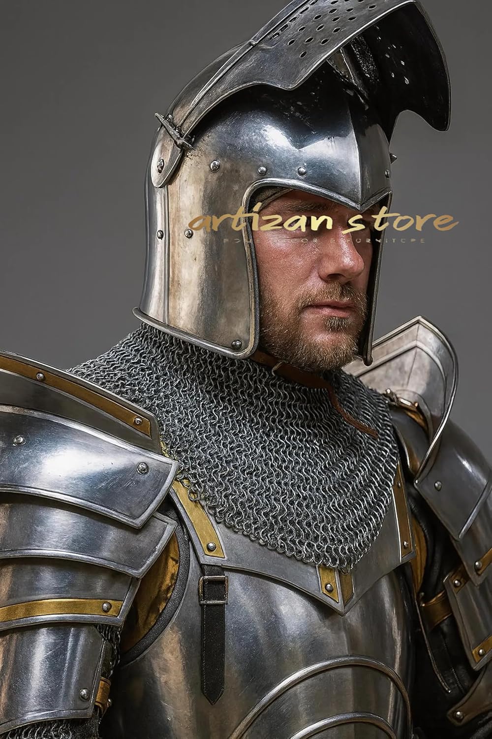 ARTIZANSTORE Medieval Knight Full Armor Suit | Handmade Steel LARP Armor with Helmet, Pauldrons Greaves | Medieval Costume Halloween or cosplay costume