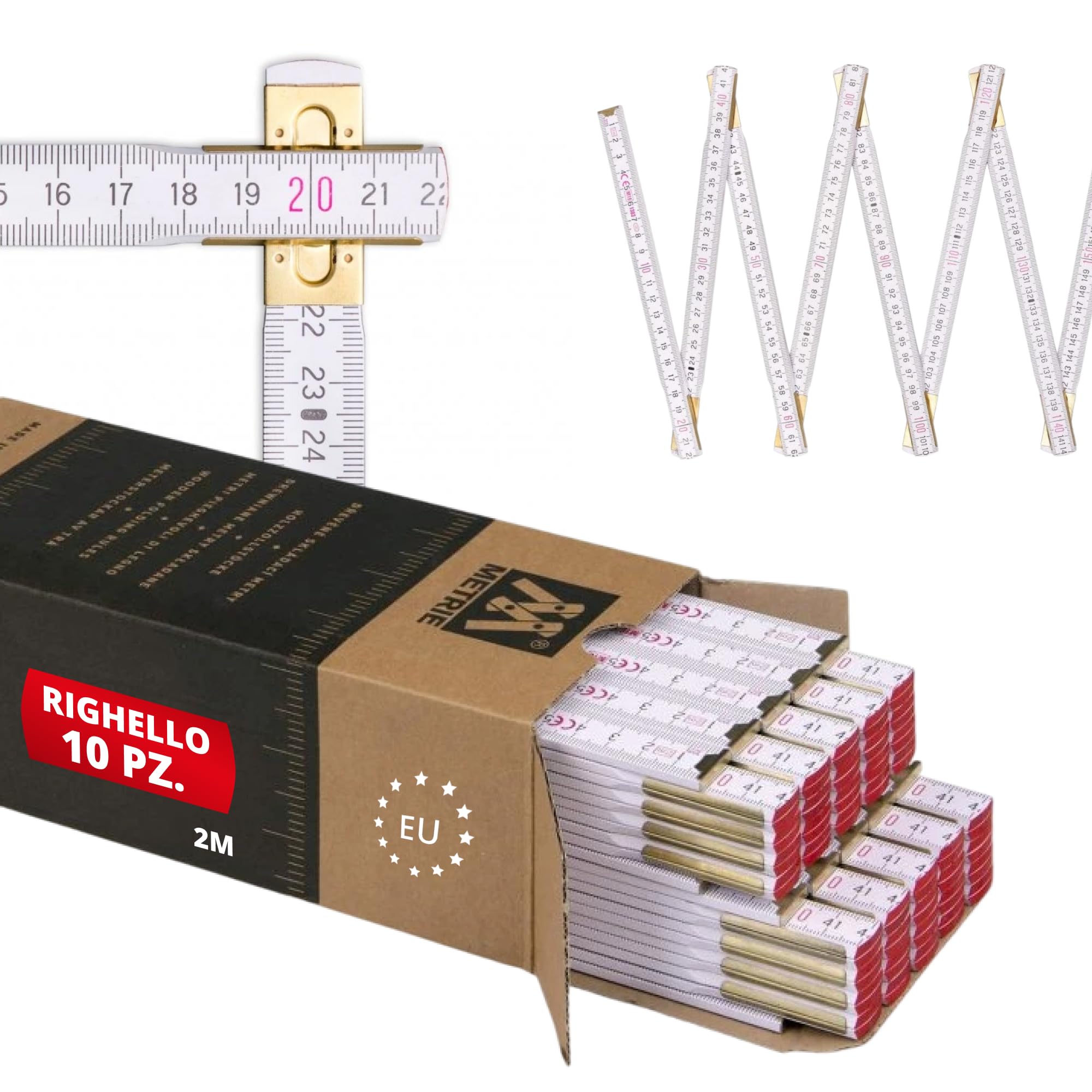 Metrie - Metro pieghevole professionale in legno, 10 pezzi 2 m di lunghezza, con doppia ripartizione, colore bianco, prodotti nell’Unione Europea