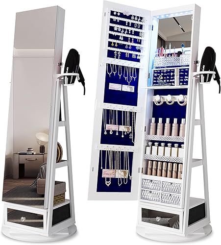 HNEBC Armario giratorio de 360 con espejo, organizador de joyas de pie con luces LED, espejo de longitud completa con almacenamiento de joyas, cajas