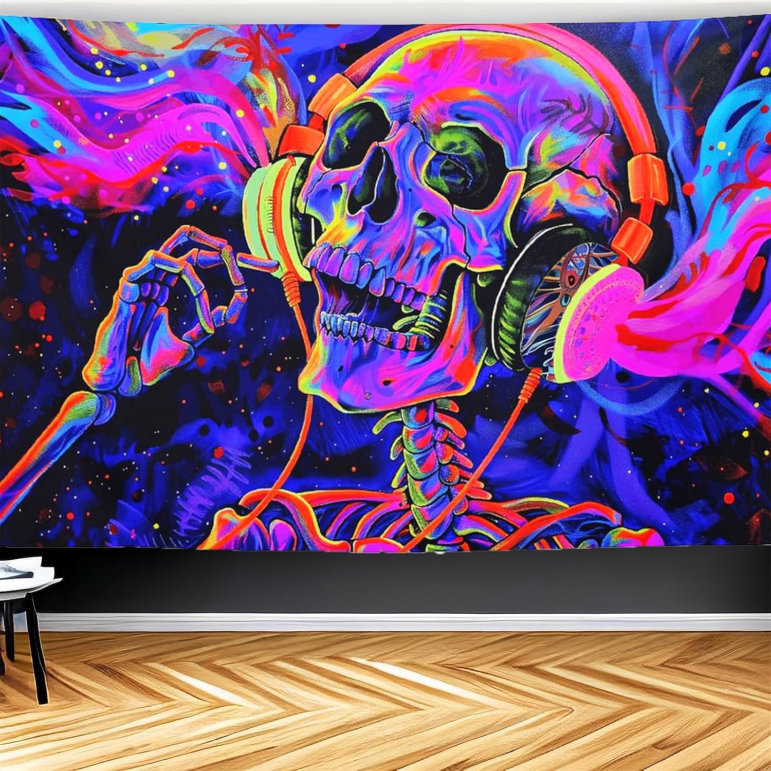 CJSLIFEART Blacklight Skull Tapestry Percussion Small Concert Fluorescent Starry Sky Boy Dormitory Bedroom Gift Wall Hanging(90x60inch)