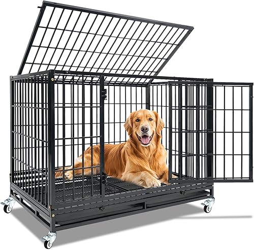 Jaula para perros de 48 pulgadas, resistente e indestructible, a prueba de escapes, para perros grandes de alta ansiedad, apilable y plegable, XL