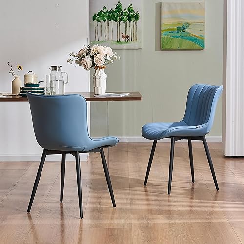 Miniatura 8 de YOUNUOKE Juego de 2 Sillas de Comedor Modernas de Mediados de Siglo, Sillas de Cocina Tapizadas en Cuero PU Azul con Patas de Metal Negro, Silla de