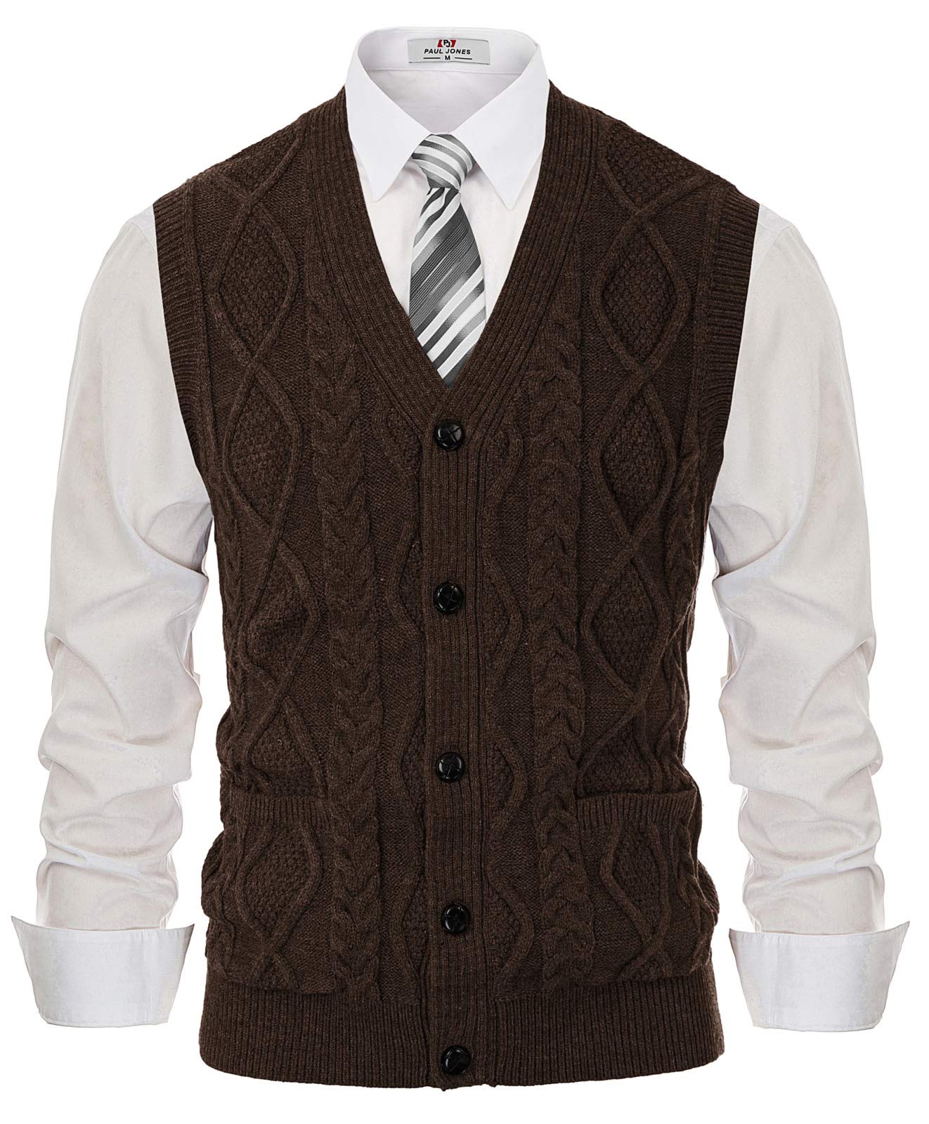 PJ PAUL JONES Mens Cable Knit V Neck Sweater Vest Button Up