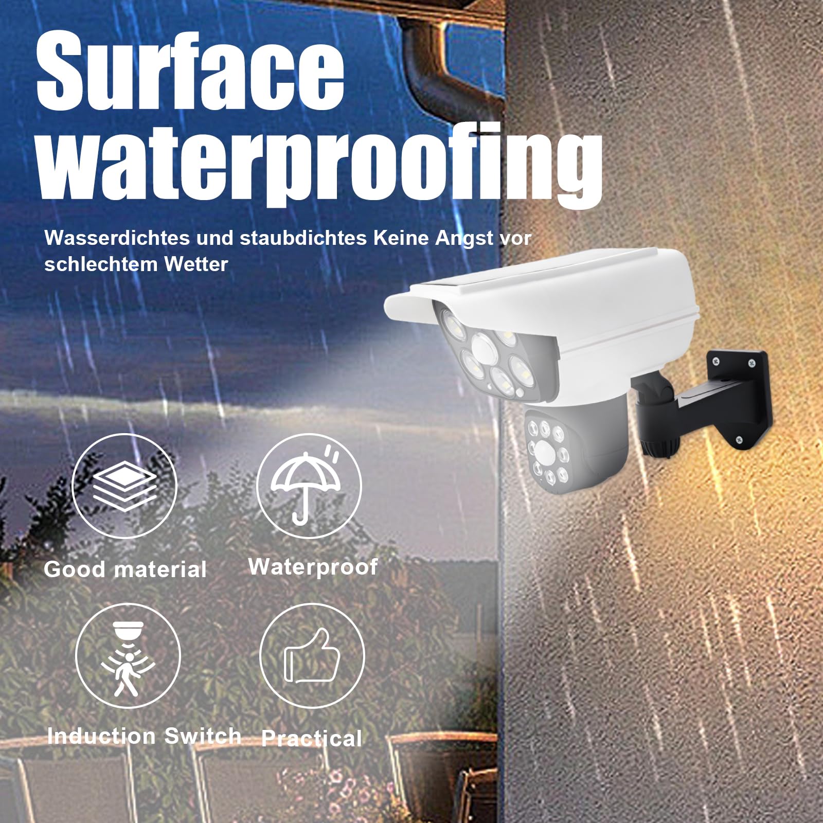 PORFOYO Lot de 2 caméras factices extérieures avec lumière, fausse caméra de surveillance solaire, rotative à 360°, avec télécommande, fausse caméra de sécurité CCTV pour extérieur