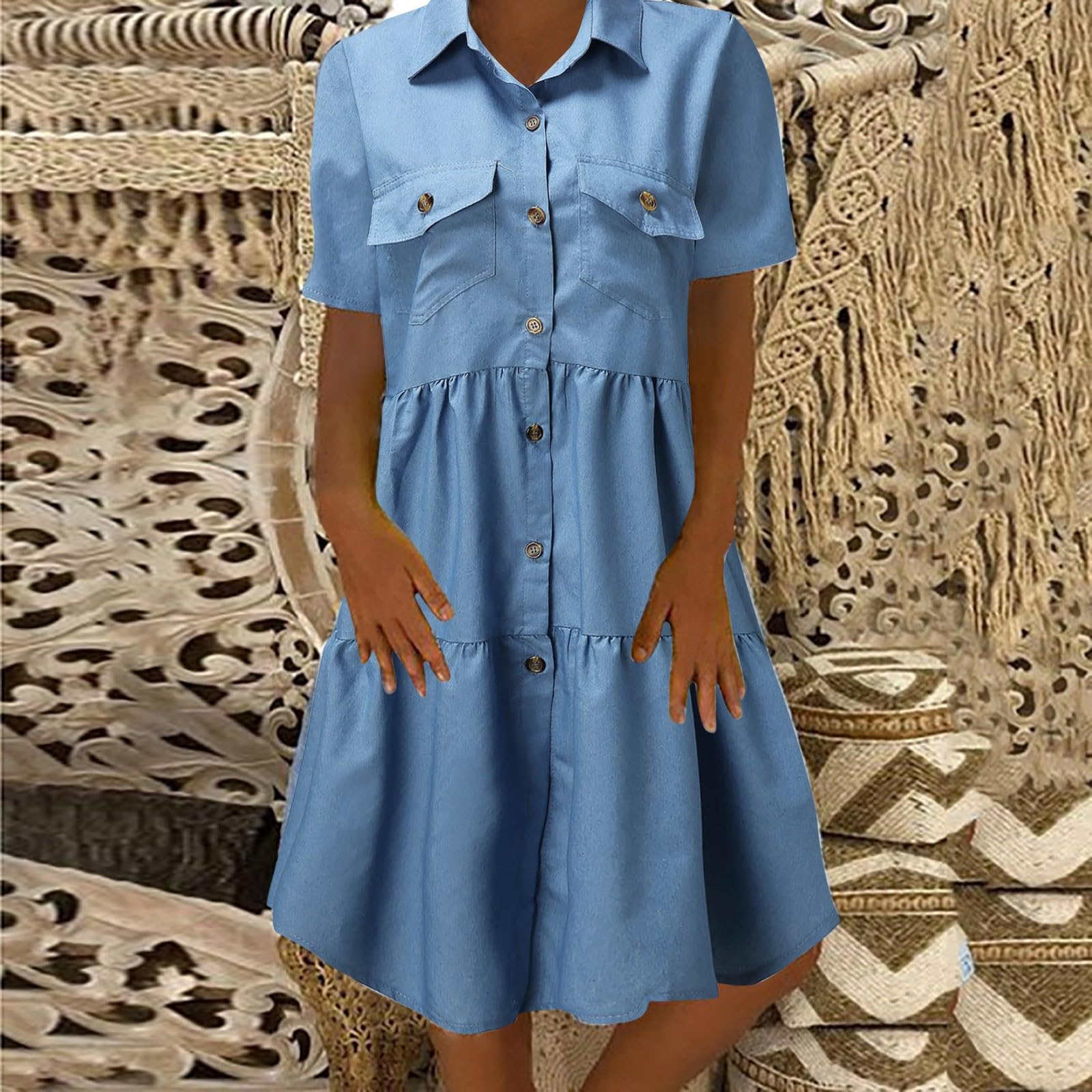 Vestido Vaquero para Mujer con pantalón Corto Informal Veraniego Manga Vuelta hacia Abajo Bolsillos Largo Suelto con Botones