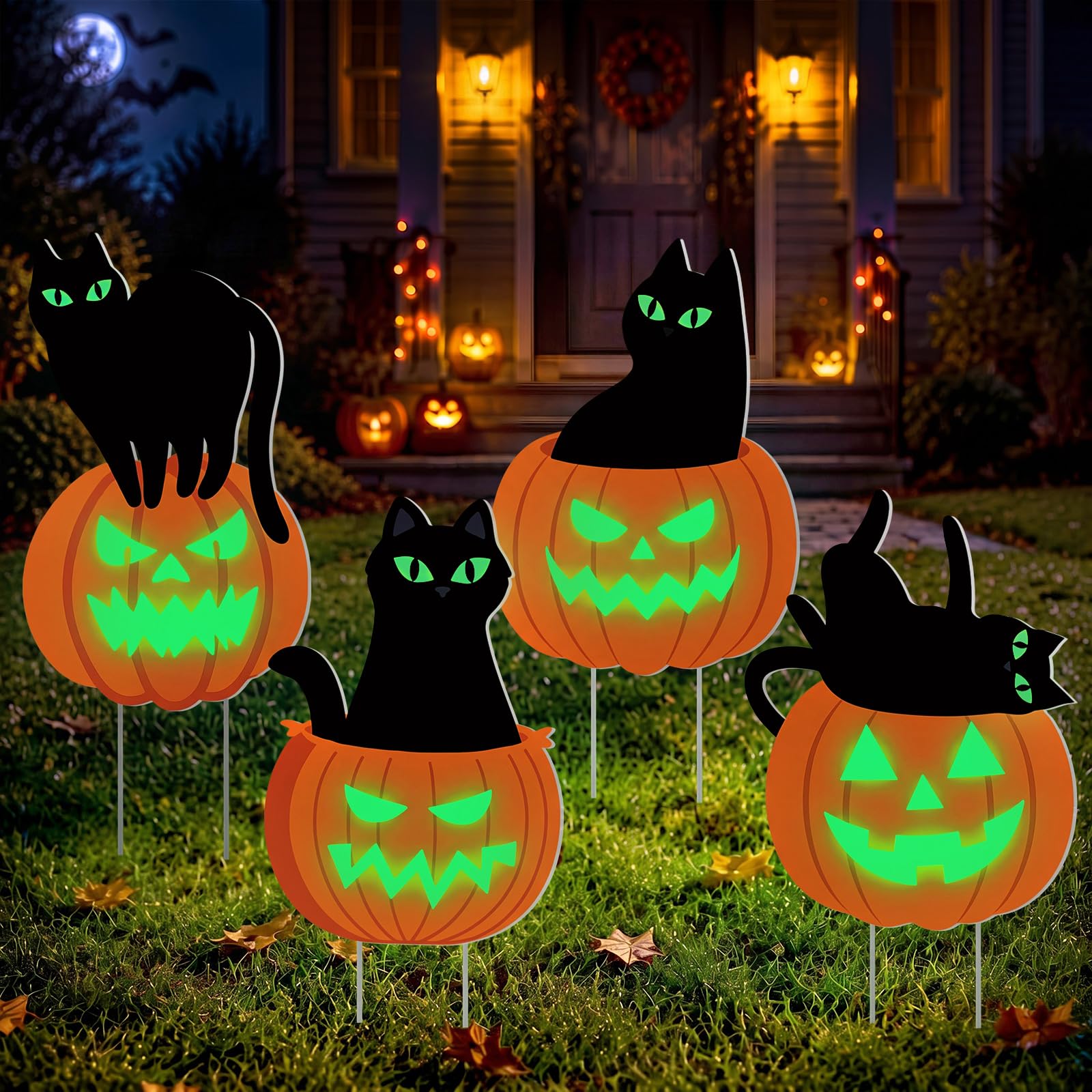 Décoration d'Halloween pour cimetière et allée avec citrouilles noires phosphorescentes