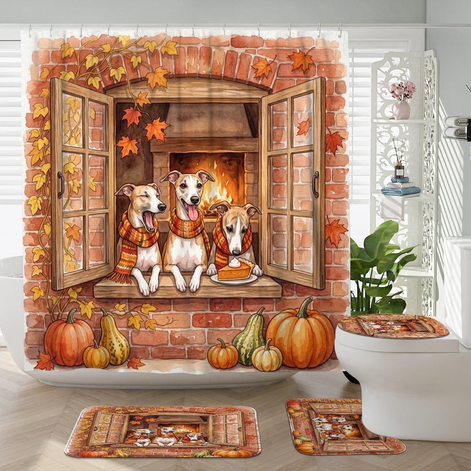 Ensemble salle de bain whippet 4 pièces avec tapis et rideau d'automne