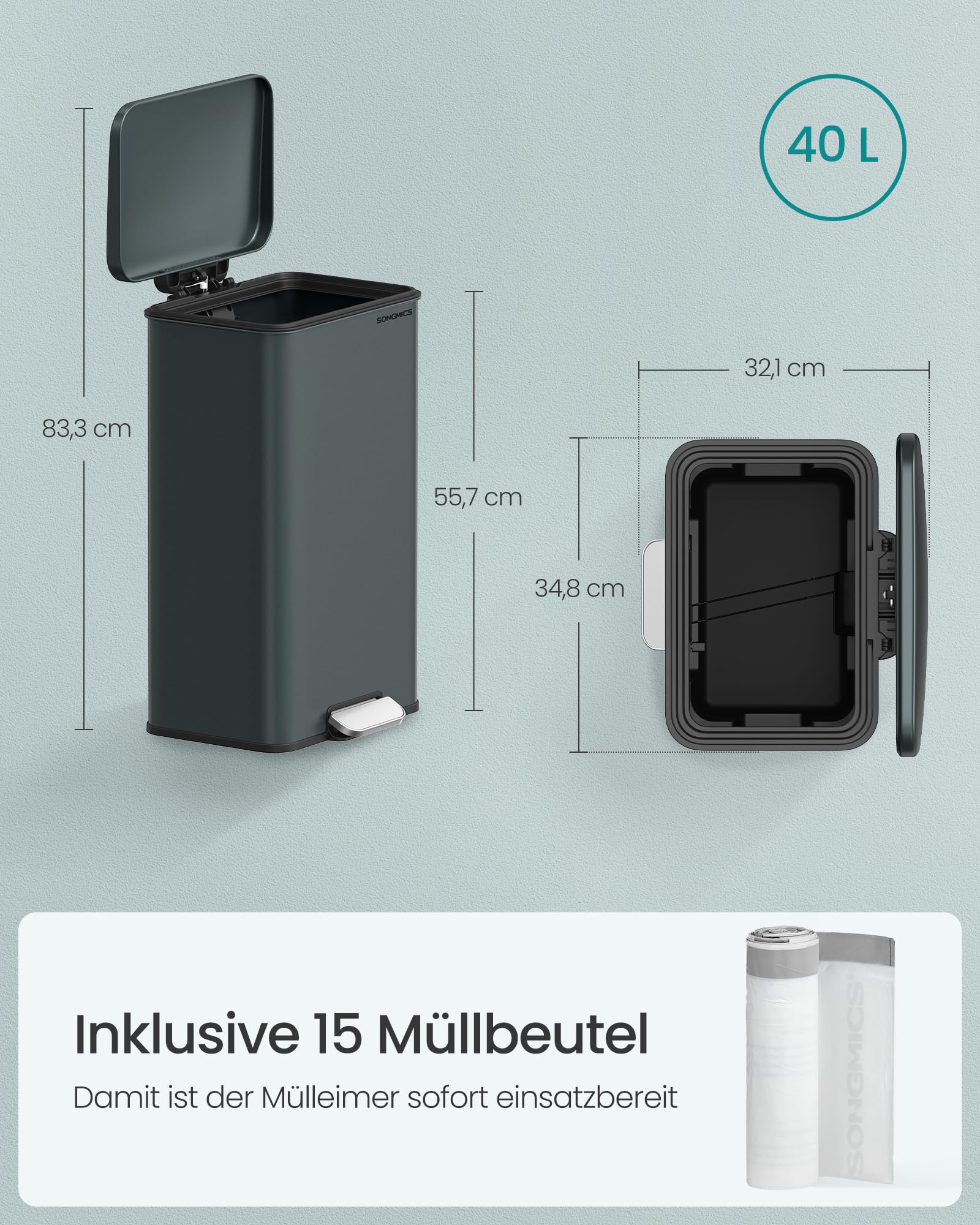 SONGMICS Mülleimer Küche, 40 Liter Abfalleimer, großer Tretmülleimer, mit Deckel, aus Stahl, Softclose, inklusive 15 Müllbeutel, anthrazitgrau LTB540G02