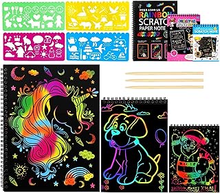 KY-Tech Scratch Art for Kids, 3 Packs Scratch Art Notes Rainbow Scratch Art Book Combo Art Crafts Set Magic Scratch Paper Pads with 3 Wooden Styluses and 4 Drawing Stencil