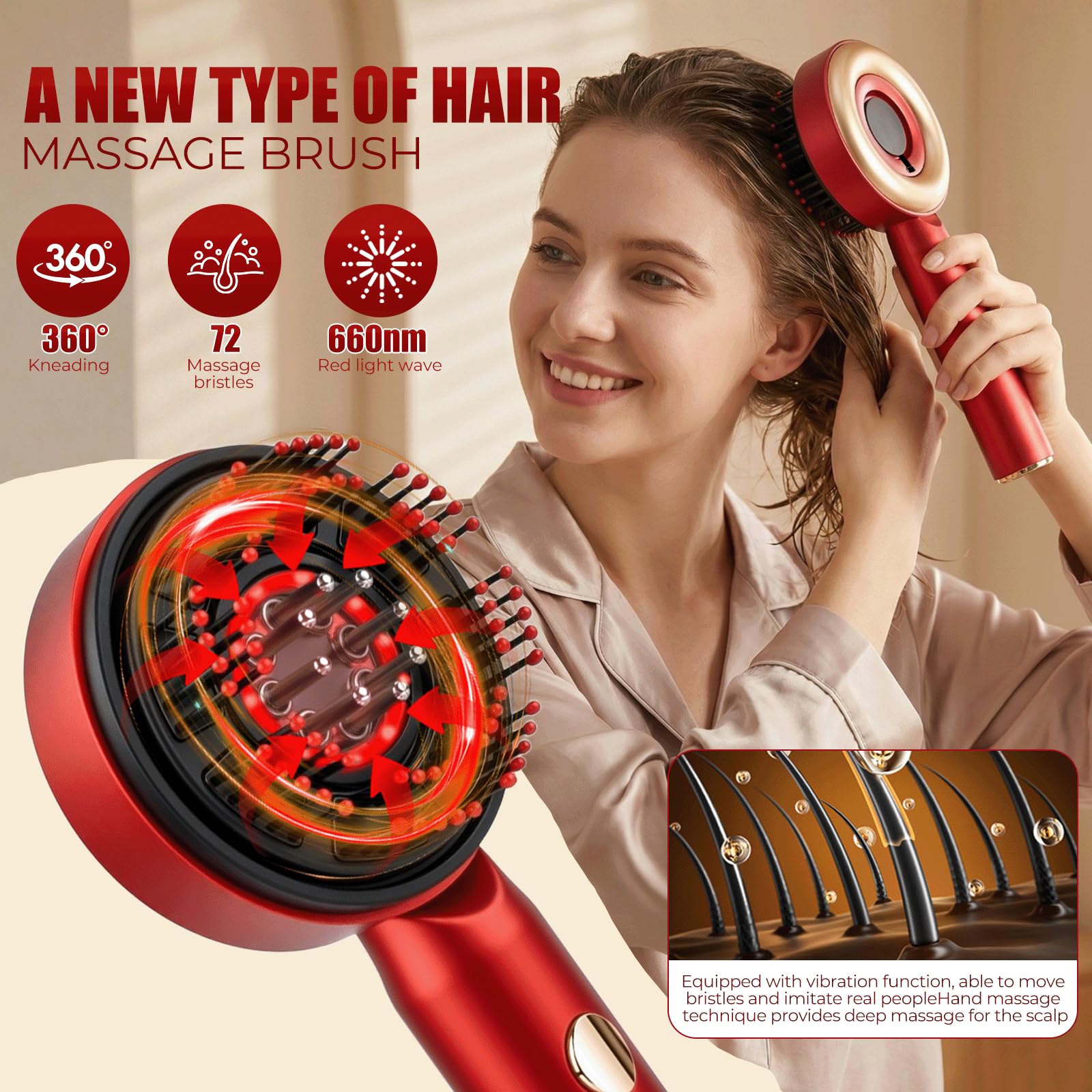 Brosse de Massage Électrique Cuir Chevelu, Brosse Massage Cuir Chevelu Electrique, Masseur de Tête Électrique avec Lumière Rouge, 3 Modes Peigne de Massage Électrique