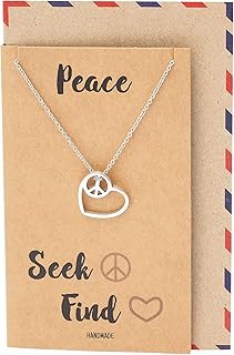 Seek Peace Find Love Necklace, 100% Handcrfated Unique Present in Silver Tone with Inspirational Positivity Greeting Card, Gift Giving Ready Heart with Peace Inside Pendant Charm