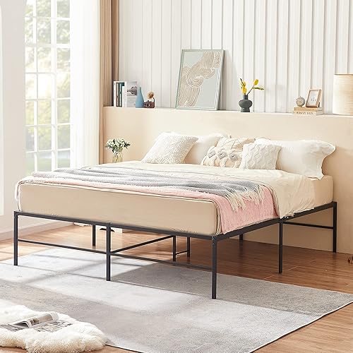Miniatura 69 de VECELO Marco de cama de plataforma de metal de 14 pulgadas, base de colchón, no necesita somier, soporte de listones de acero (tamaño matrimonial)