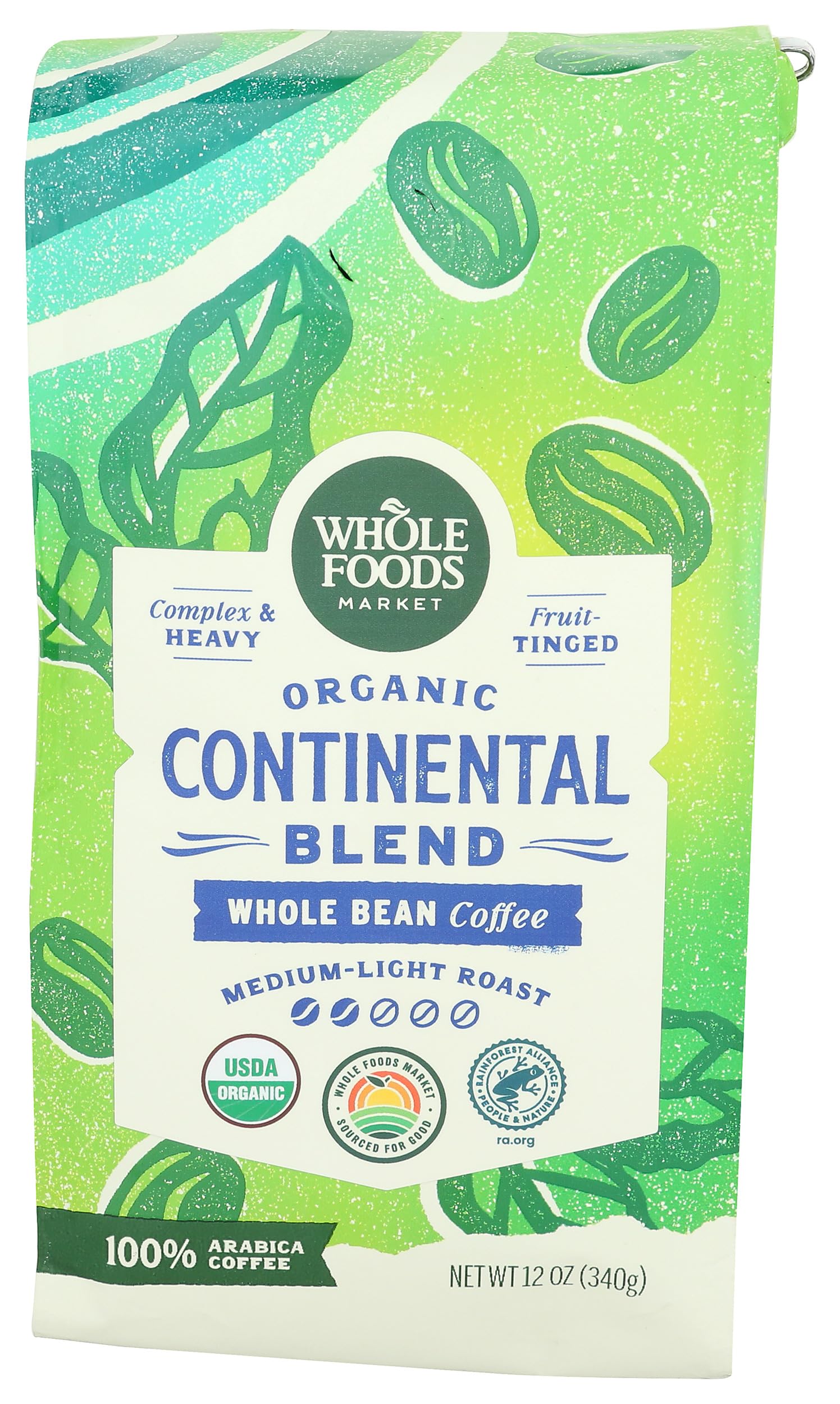 Whole Foods MarketOrganic Continental Blend Whole Bean Coffee, Medium-Light Roast, Complex & Heavy, Fruit-Tinged, 12 OunceUSDA OrganicRainforest AllianceRainforest AllianceRainforest AllianceRainforest Alliance