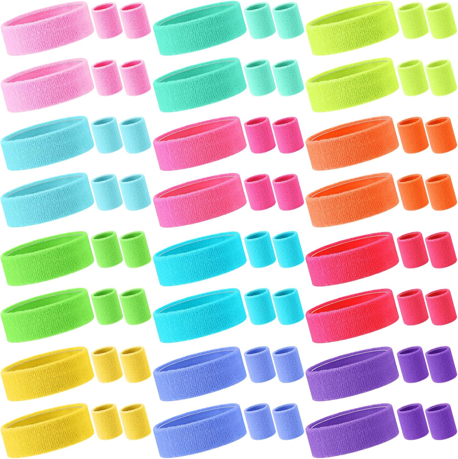 Neon Sweatbands Set for Women Sports Headband Wristband Set Cotton Terry Basketball Tennis Sweat Band Wristband for 80s 90s Costumes Cosplay Glow Party