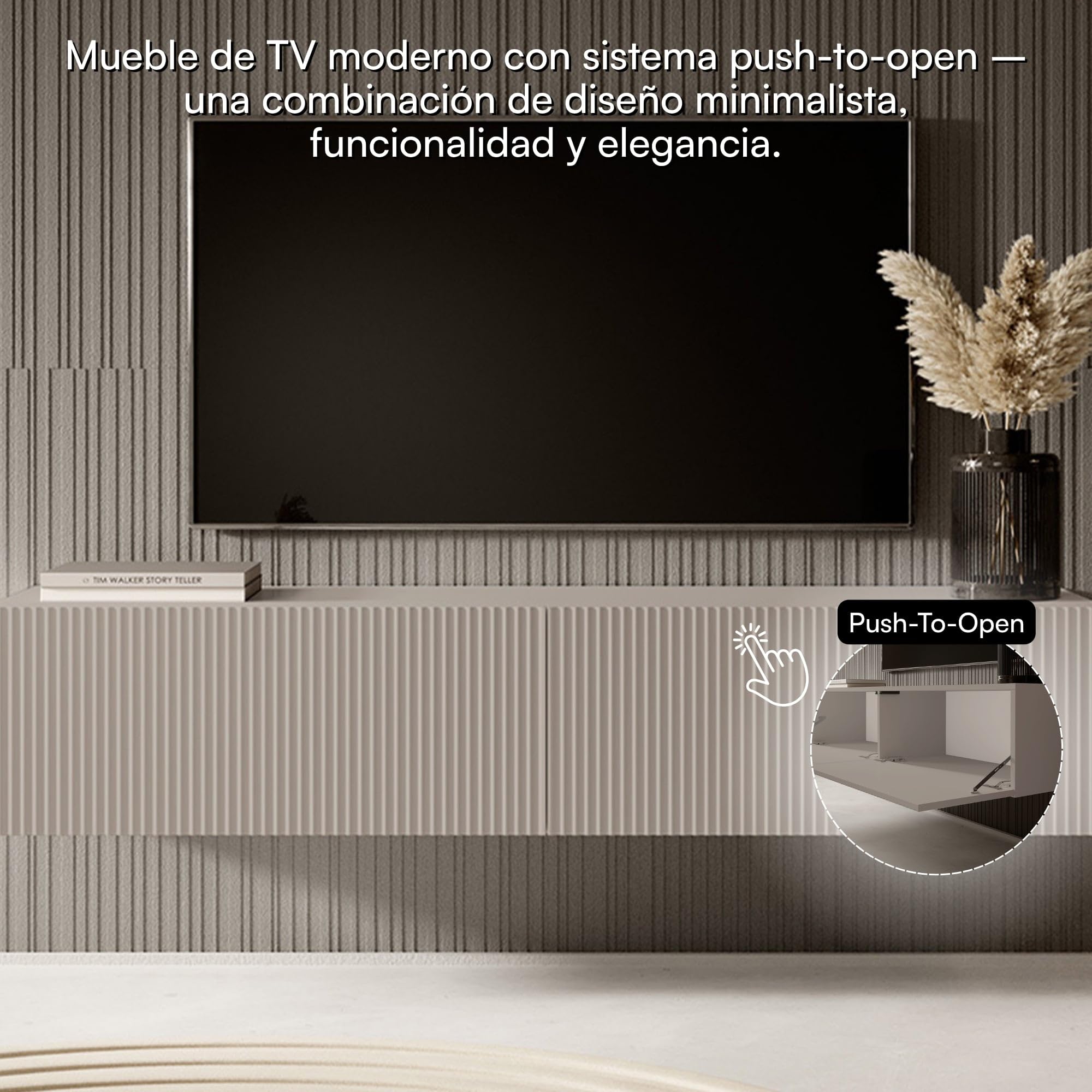 Selsey Mueble De TV Mesa De TV 140 cm Suspendido con Fachada Fresada Gris Beige Veldio